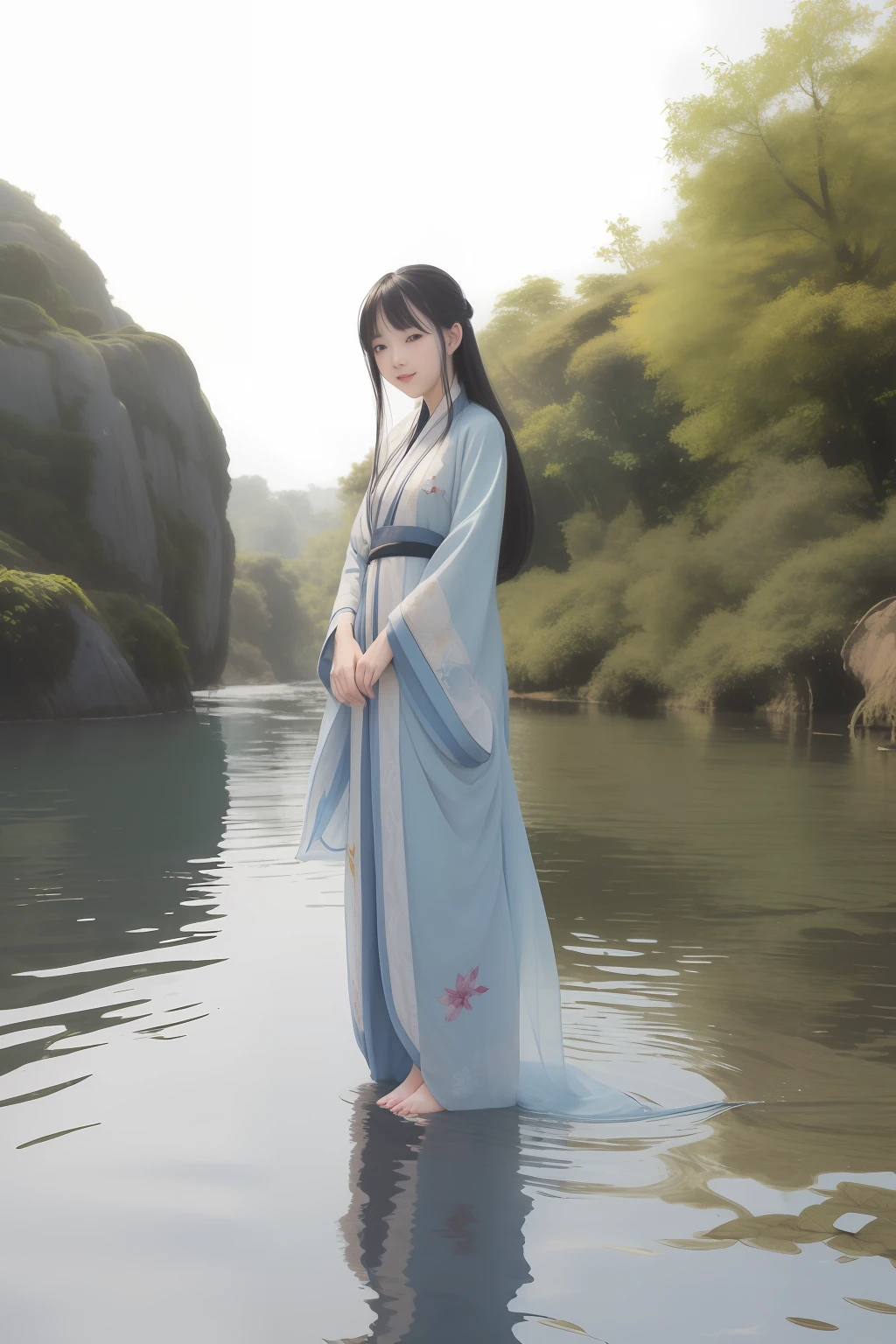 ((4k,masterpiece,best quality)), shuimobysim, traditional chinese ink painting, lotus, hanfu, maxiskit, dress conservatively 1girl, solo, long blue hair, smile, standing, feet in the water, barefoot,