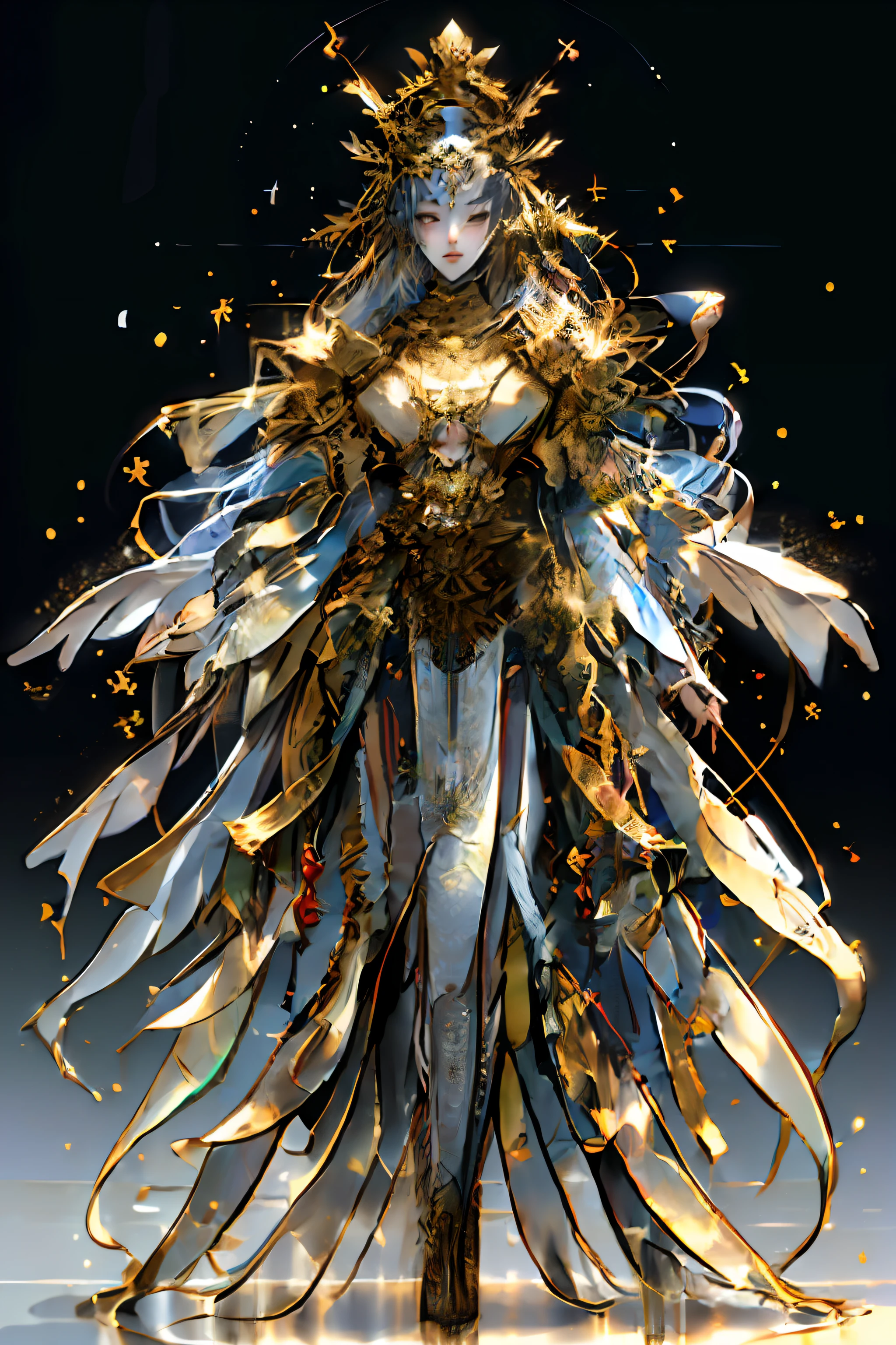 8K raw photo, Best quality, masterpiece, ultra high res, (zentangle, mandala, tangle, entangle),colorful,(photorealistic:1.4), raw photo, 1girl,tall female, skinny, slim_legs, solo,(perfect body shape),holy light,gold foil,gold leaf art,glitter drawing,(full body), ban