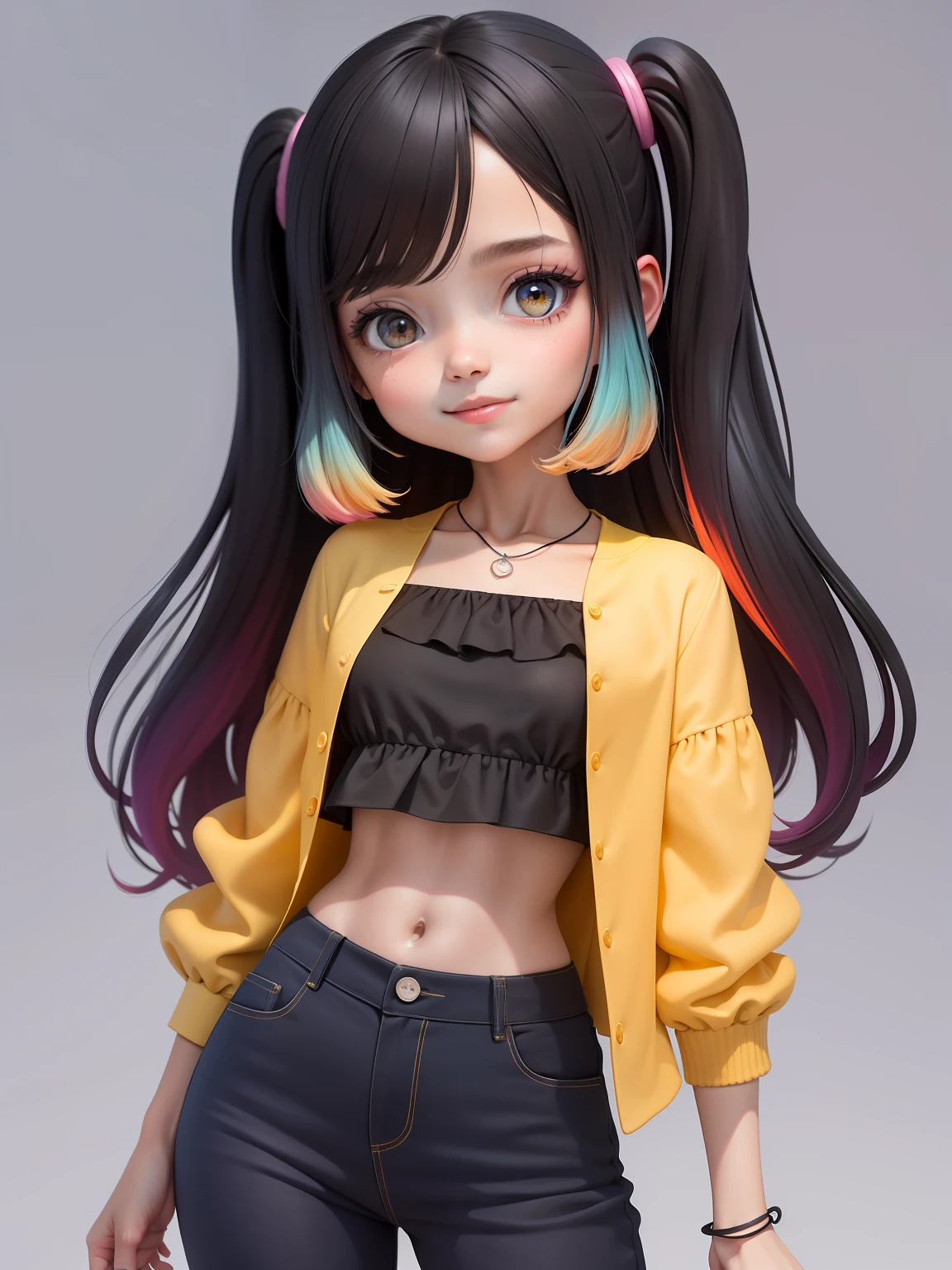 (obra-prima), (melhor qualidade), (ultra-detalhado), (corpo inteiro: 1.2) menira, pants and mini blouse, sorriso claro, corpo inteiro, :3, cabelo multicolor, curto, preso, pavor, moderno, Modern accessories, fundo tom pastel , colorido e simples.