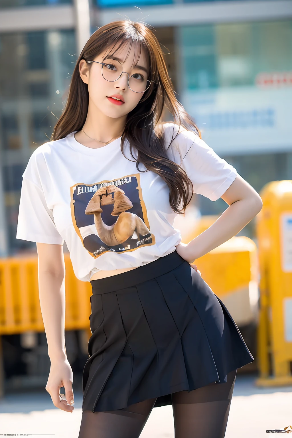 ulzzang-6500-v1.1,(raw photo:1.2), (photorealistic:1.4), beautiful detailed girl, very detailed eyes and face, beautiful detailed eyes, ridiculous, incredibly ridiculous, huge file size, super detailed, high resolution, very detailed, best quality, masterpiece, ((t-shirt)), illustration, very detailed, CG, unified, 8k wallpaper, amazing, fine details, masterpiece, Best quality, very detailed CG unified 8k wallpaper, face light, movie lighting, 1girl, , long white hair, side split, (big breasts), (no panties)), (with glasses), (dynamic pose), (sexy pose), ((camel toe))), (half), ((pantyhose)), ((black hip skirt)), (bent knees)))))