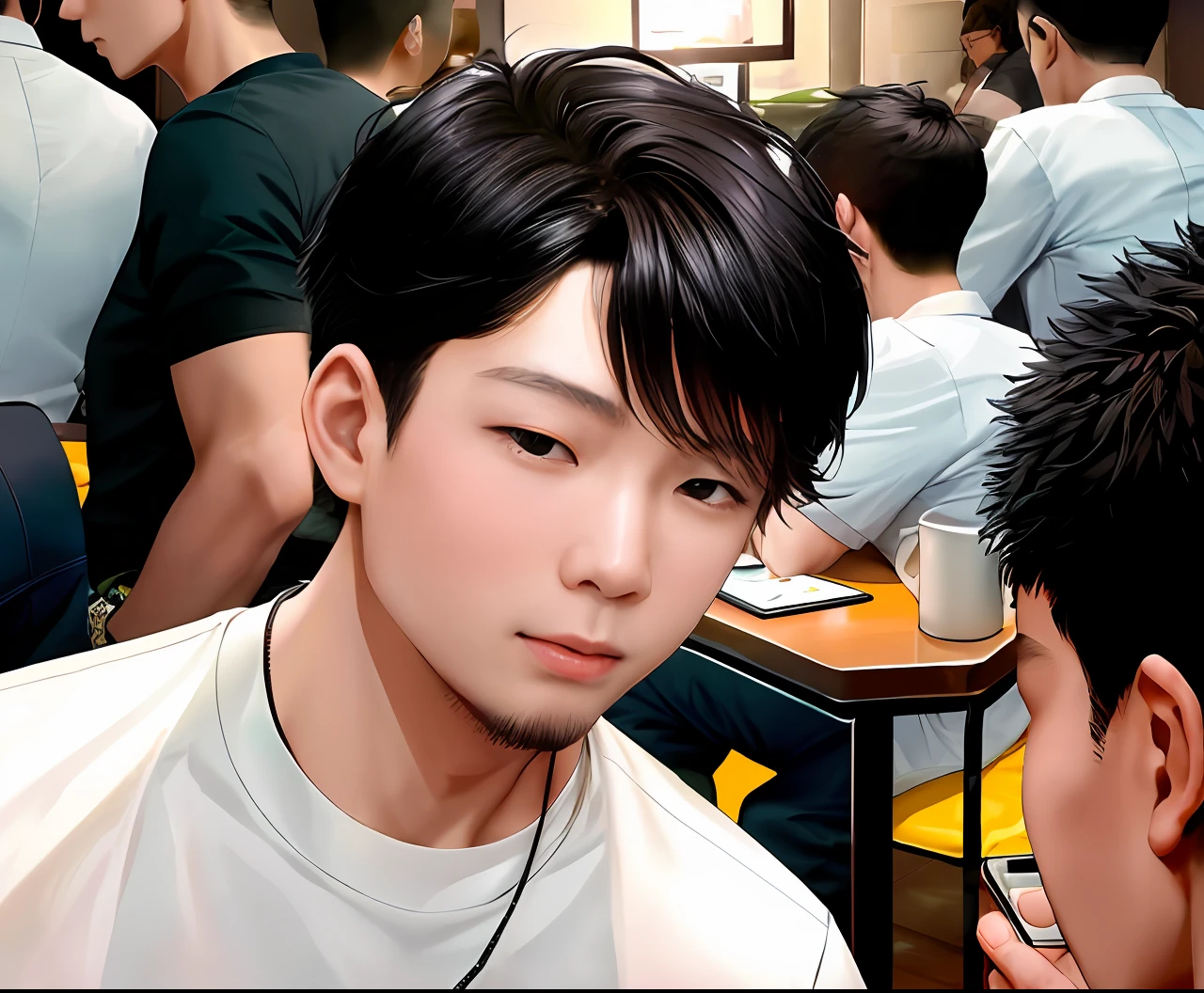 There is a man looking at his cell phone sitting at a table, Damien Tran, Rick Dai, David Luong, 2 7 ans, 2 8 ans, 2 3 ans, 2 2 ans, Yanjun Chengt, 21 ans, looking at his phone, inspired by Adam Dario Keel, 2 9 ans, Reuben Wu
