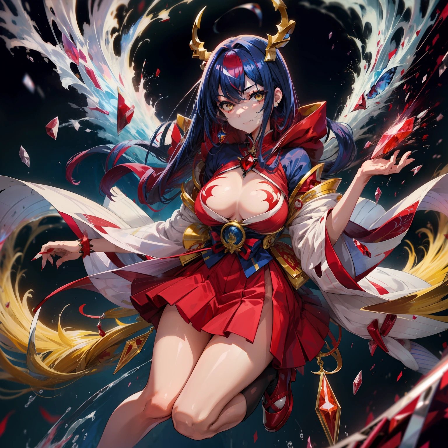 Beautiful girl with sharp eyes。fullbody image。Slender face。Japan school uniform。Japanese dress。Yellow eyes。red and blue hair。blue and red outfit。Unkempt hair。long。Smile with the corners of your mouth lifted。The chest is fluttering。well-muscled。Accessories like twist horns。Countless yellow accessories。Gauntlet with large claws on right hand。Red crystal on chest。Red patterned tattoo on the leg。