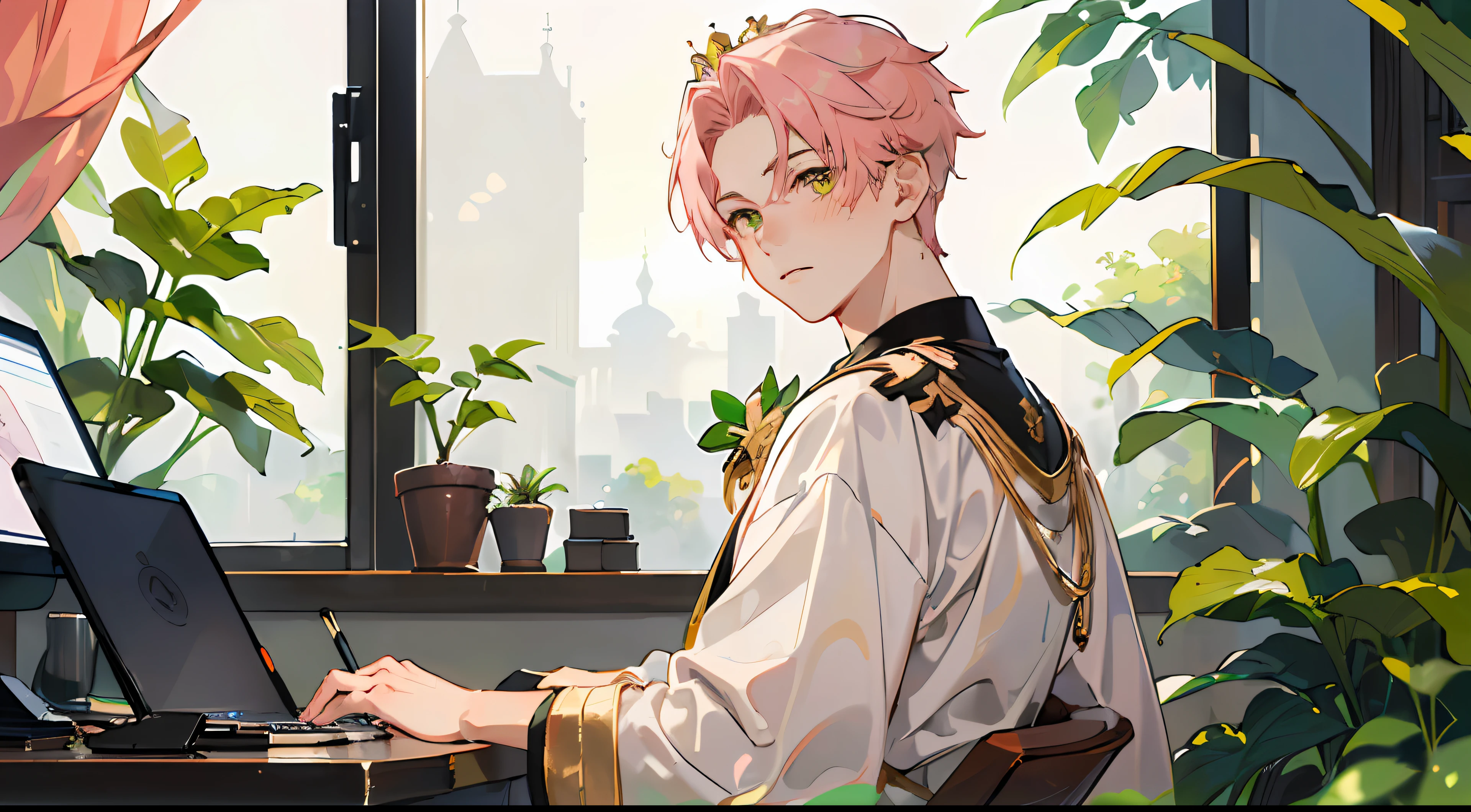 (AS-Young:1.7), (1boy:1.8), (male focus:1.2), (cute:1.7) solo, solo focus, masterpiece, ((exquisite_detail)), illustration, (handsome), extremely_detailed_CG, pink hair, wearing a crown, gold eyes, green, white, blush, golden robe, merchant, leaf, sitting in front of a stationary computer, looking at the viewer, turned around, cute boy