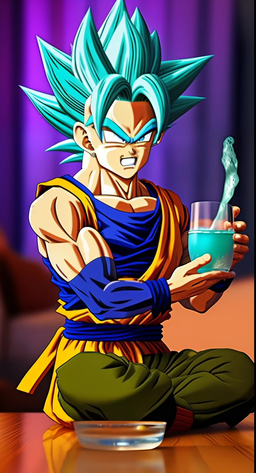 Son Goku, cabello azul, aura azul, de frente, 4k hdr, hiperrealista, drinking glass of lemon juice, junto a Vegeta de dragon ball.