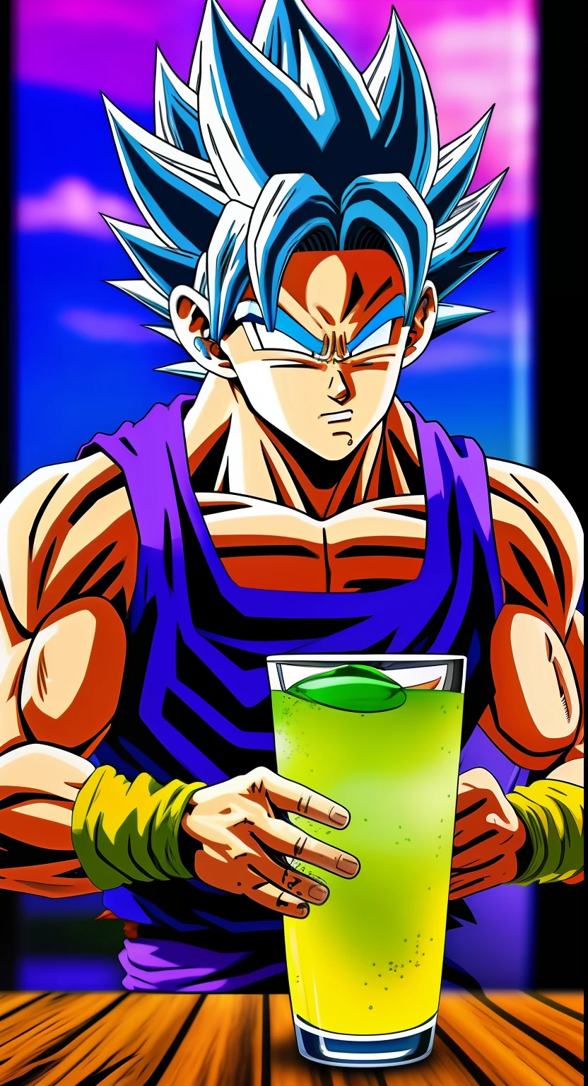 Son Goku, cabello azul, aura azul, de frente, 4k hdr, hiperrealista, drinking glass of lemon juice, junto a Vegeta de dragon ball.