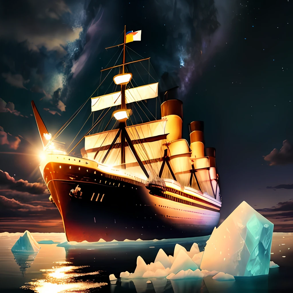 Big Ship, In a sea, drowning, filled with icebergs, Night, Realistic, titanic