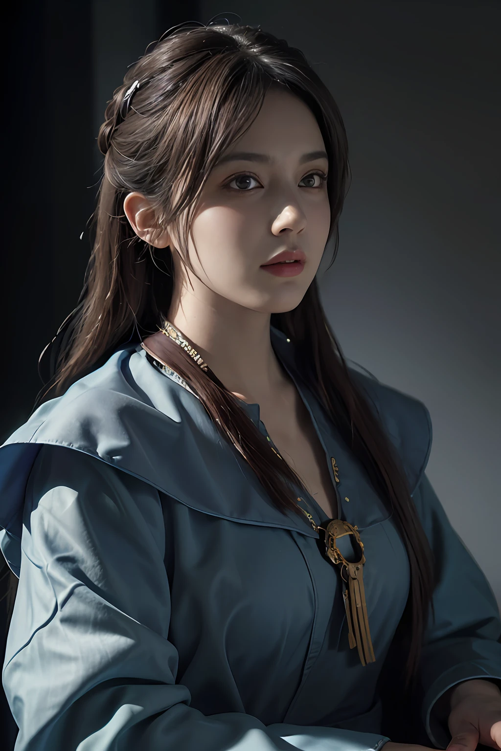 Hyperrealist portrait of female by david hockney and alphonse mucha,fantasy art, photo realistic, dynamic lighting, artstation, poster, volumetric lighting, very detailed faces, 4 k, award winning,, 1girl, in the dark, deep shadow, low key,cowboy shot,(official clothing:1.4) ,long hair,white hair,