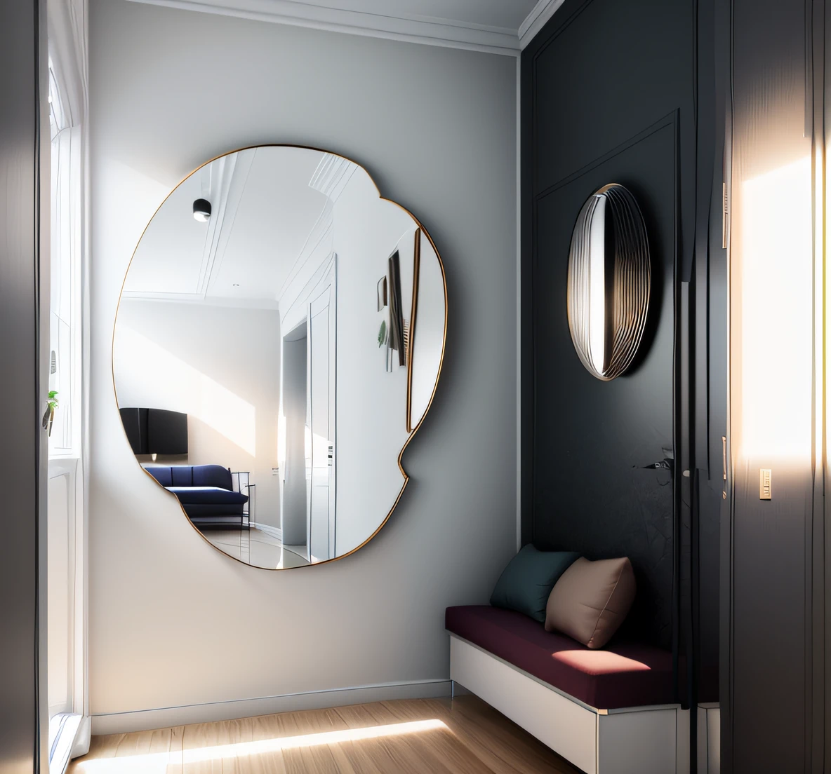 There is a mirror in the middle of a hallway with a sofa, espelho redondo na parede, Luzes OLED nos cantos, Espelhos abstratos, mirror and glass surfaces, Subtle and attractive lighting, colocado em uma sala de estar, corredores espelhados, bright white accent lighting, Vibe and ioyful lighting, decoration around the room, neutral flat lighting, Crisp lighting and edges