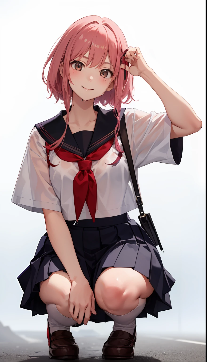 1girl in、A smile、The shirt、skirt by the、(small tits)Chilarism、Japan High School Student Uniform、serafuku、summer clothing、Squall Drenched Uniform、(Sheer Bra)、Upper body portrait、light cream hair、Squatting panchira、