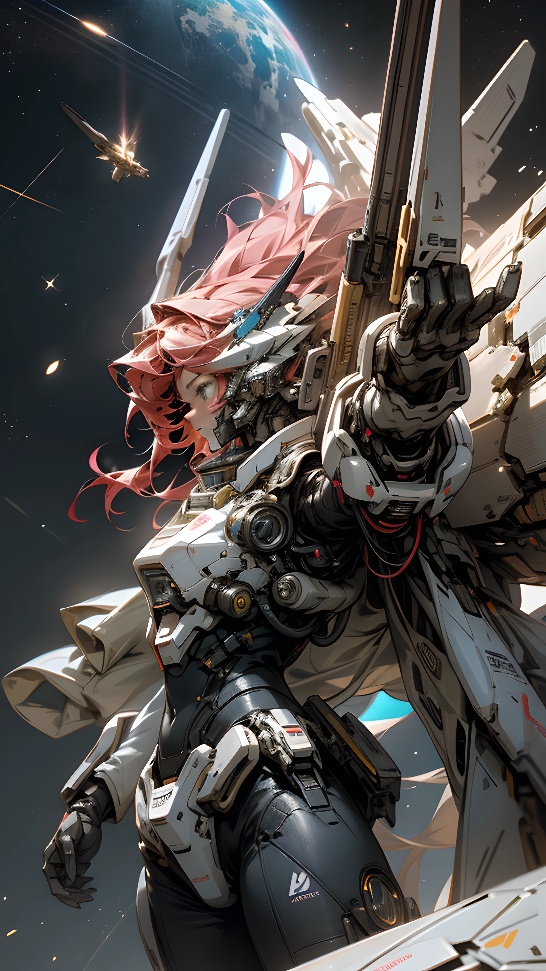 In space,Huge planet,Starcloud,holdingweapon,without humans,with light glowing,(female mecha:1.2),female android,giant mechanical wings,Mecha wings,(Flying in space:1.3),Comet fragments(Comet fragments:1.1),glowing light eyes,red color mecha,scientific fiction,space,Realistis,mechs,Milky Way Galaxy background,neonlight,cyber punk perssonage,wallpaper hd,cg art --auto