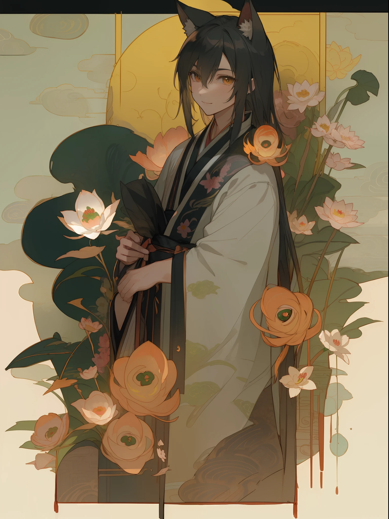 ((4K、masterpiece、top-quality))、(Two men smiling face to face)、Gray-haired man with beautiful fox ears、Armin、Strong man with black hair with wolf ears、Alvin、ink and watercolor painting、Traditional Chinese Ink Painting、lotuses、Hanfu、Maxi Kit、Dress conservatively、Animal ears,、bule、florals、Lots of flowers nearby、shenron、extra detailed face