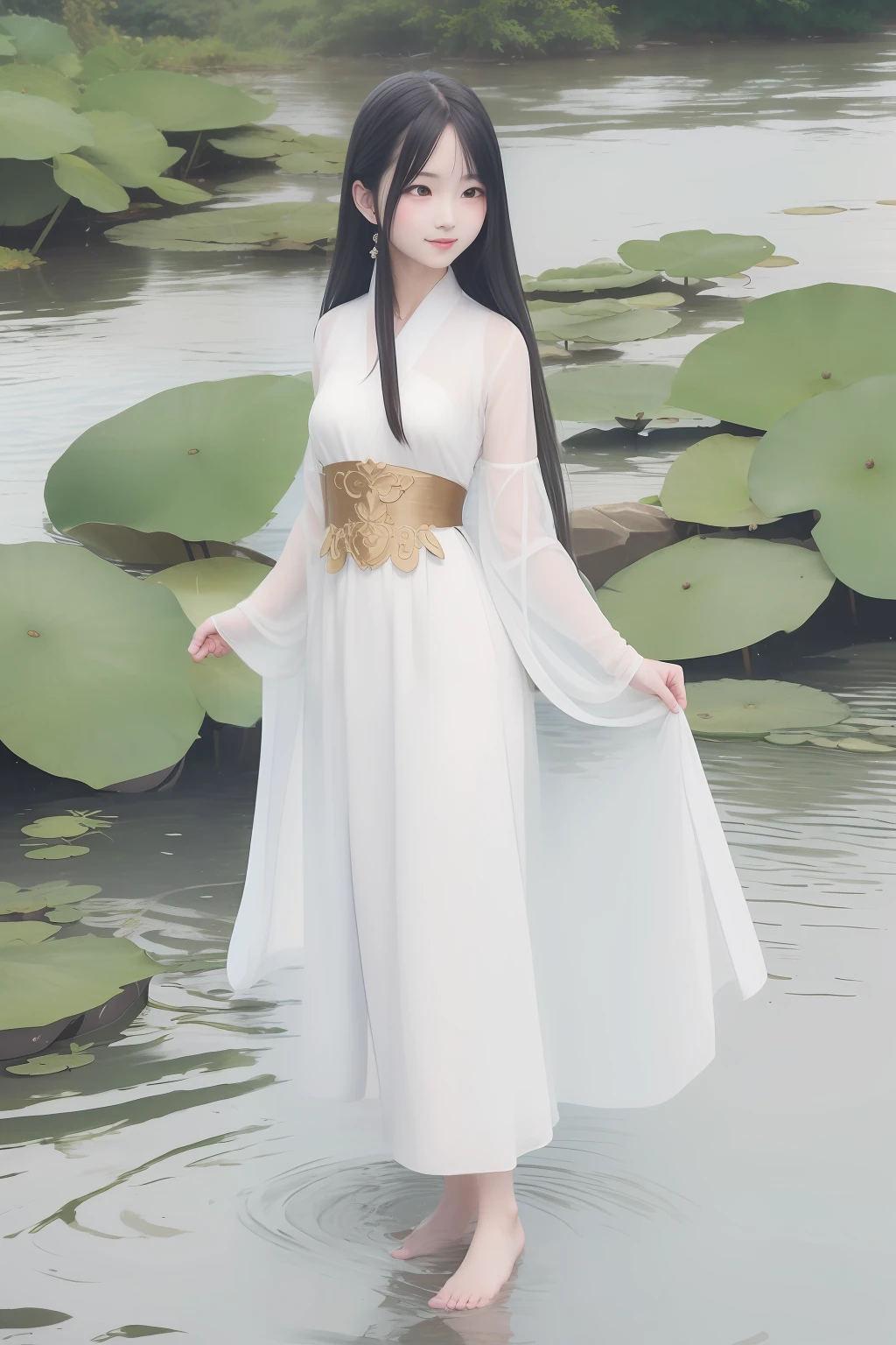 ((4k,masterpiece,best quality)), shuimobysim, traditional chinese ink painting, lotus, hanfu, maxiskit, dress conservatively 1girl, solo, long blue hair, smile, standing, feet in the water, barefoot,
