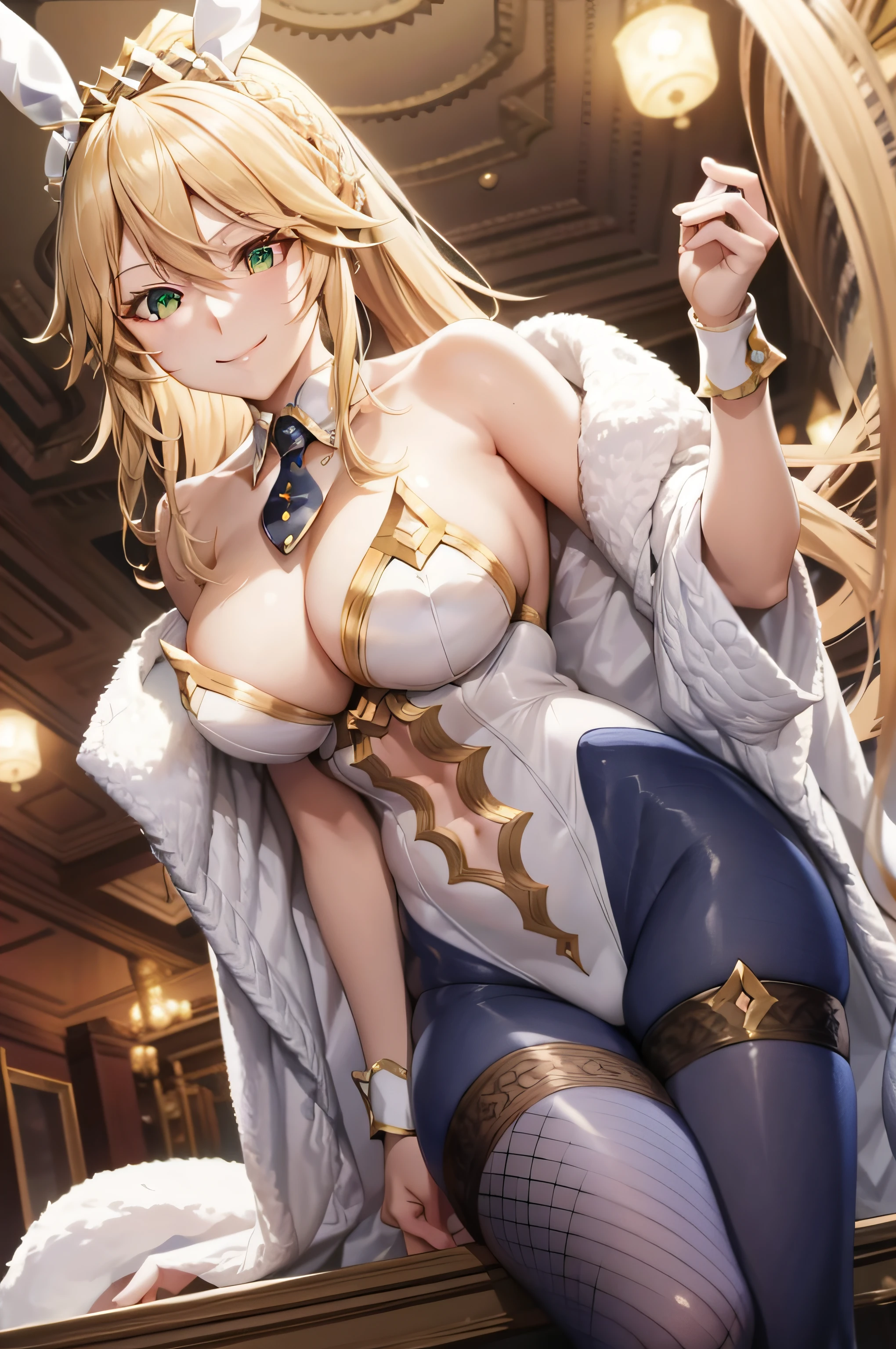 bunnyArtoria hairstyle, outfit-bunnyArtoria, 1girl, blonde hair, green eyes, looking at viewer, breasts, long hair, ponytail, poker chip, braid, hair between eyes, table, bangs, sidelocks, large breasts, french braid, bare shoulders, ahoge, smile, tiara,