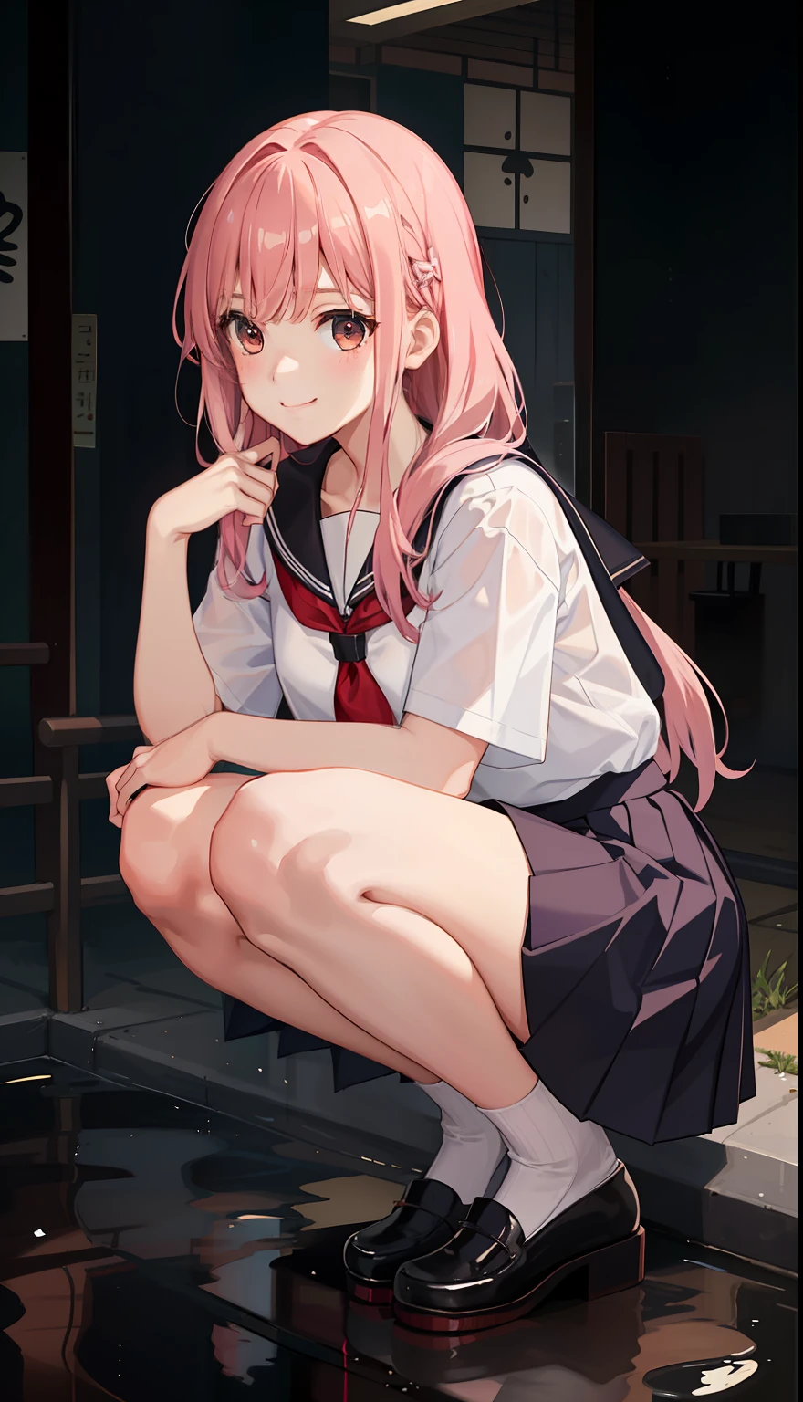1girl in、A smile、The shirt、skirt by the、(small tits)Chilarism、Japan High School Student Uniform、serafuku、summer clothing、Squall Drenched Uniform、(Sheer Bra)、Upper body portrait、light cream hair、Squatting panchira、
