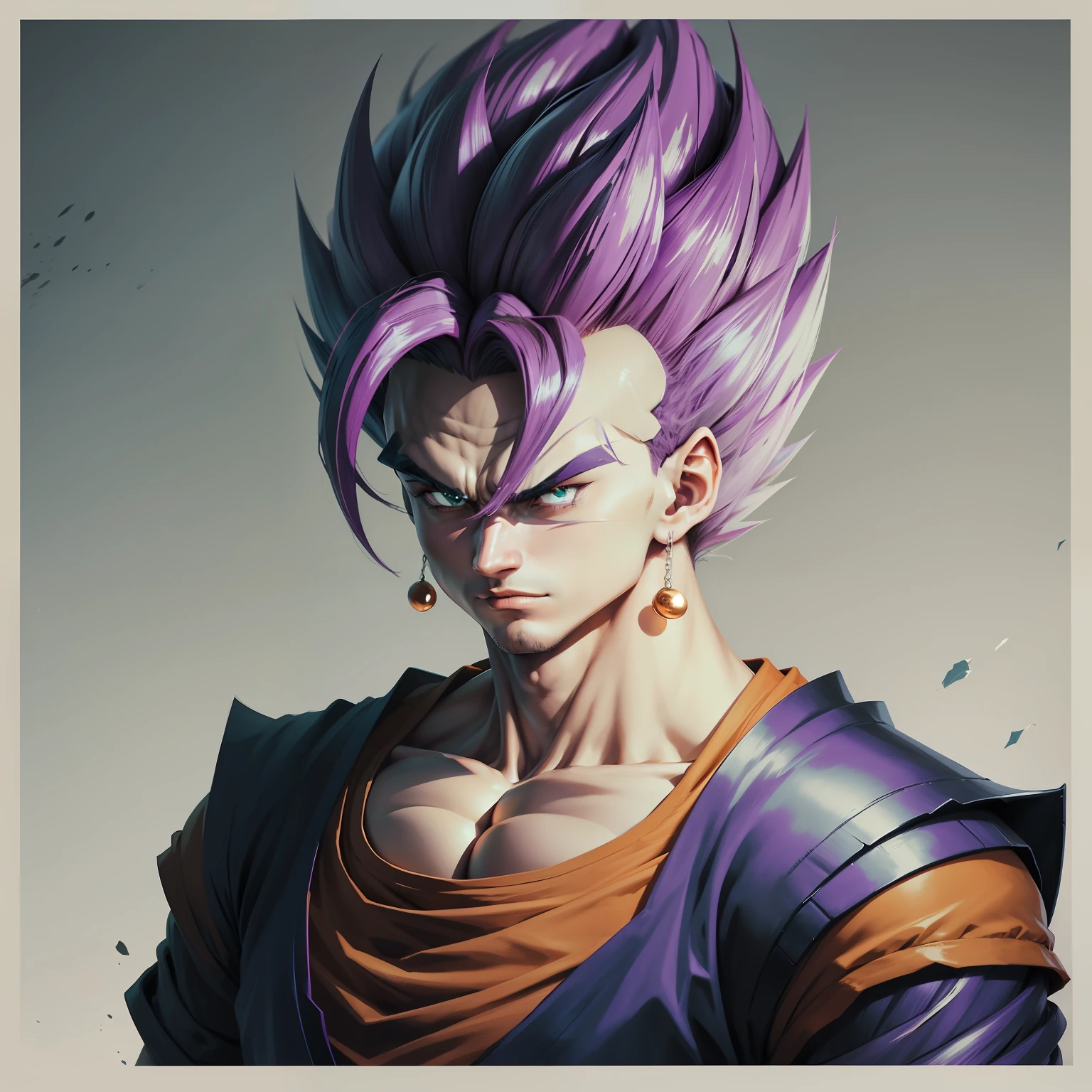 Vegetto com cabelo roxo e sobrancelha roxa