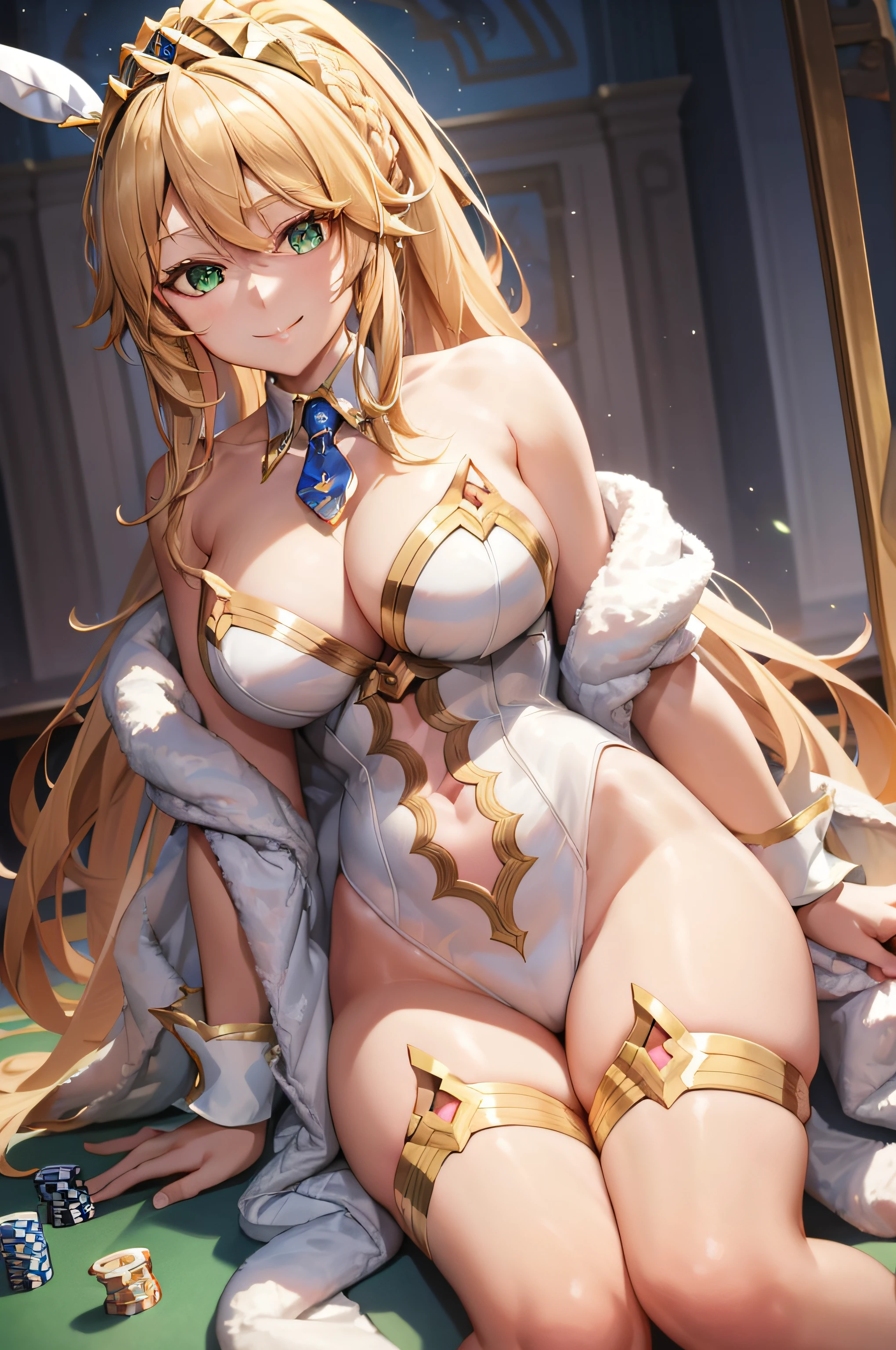 bunnyArtoria hairstyle, outfit-bunnyArtoria, 1girl, blonde hair, green eyes, looking at viewer, breasts, long hair, ponytail, poker chip, braid, hair between eyes, table, bangs, sidelocks, large breasts, french braid, bare shoulders, ahoge, smile, tiara,