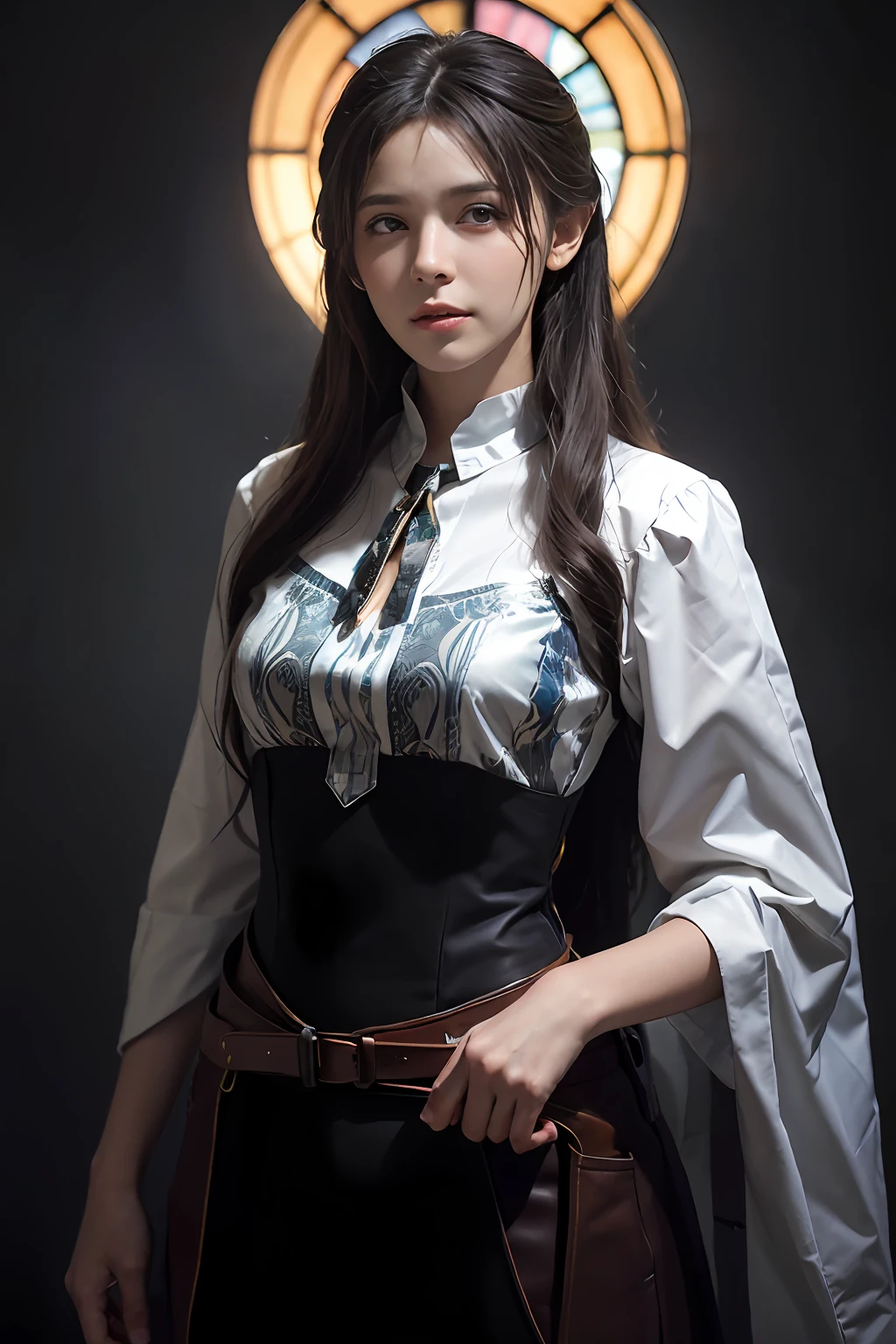 Hyperrealist portrait of female by david hockney and alphonse mucha,fantasy art, photo realistic, dynamic lighting, artstation, poster, volumetric lighting, very detailed faces, 4 k, award winning,, 1girl, in the dark, deep shadow, low key,cowboy shot,(official clothing:1.4) ,long hair,white hair,