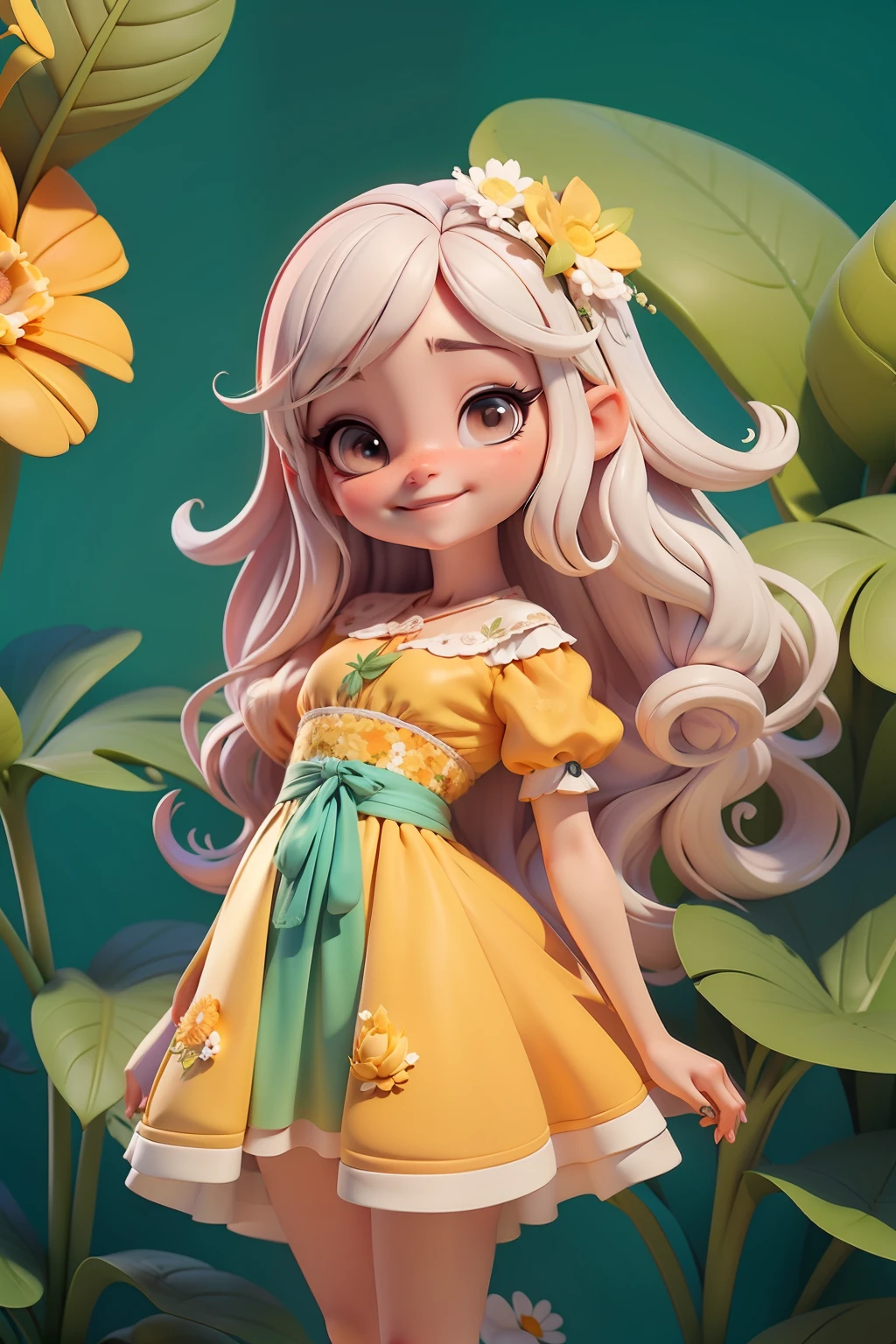Avatar menina loira, tons laranja e cinza, sorriso meigo e delicado, asas brilhante, vestida com uma jardineira, corpo inteiro,pele clara e olhos delicados e definidos,cartoon 3D com blusa delicada,, casaco peludinha, cabelos multicolor, fundo simples e branco