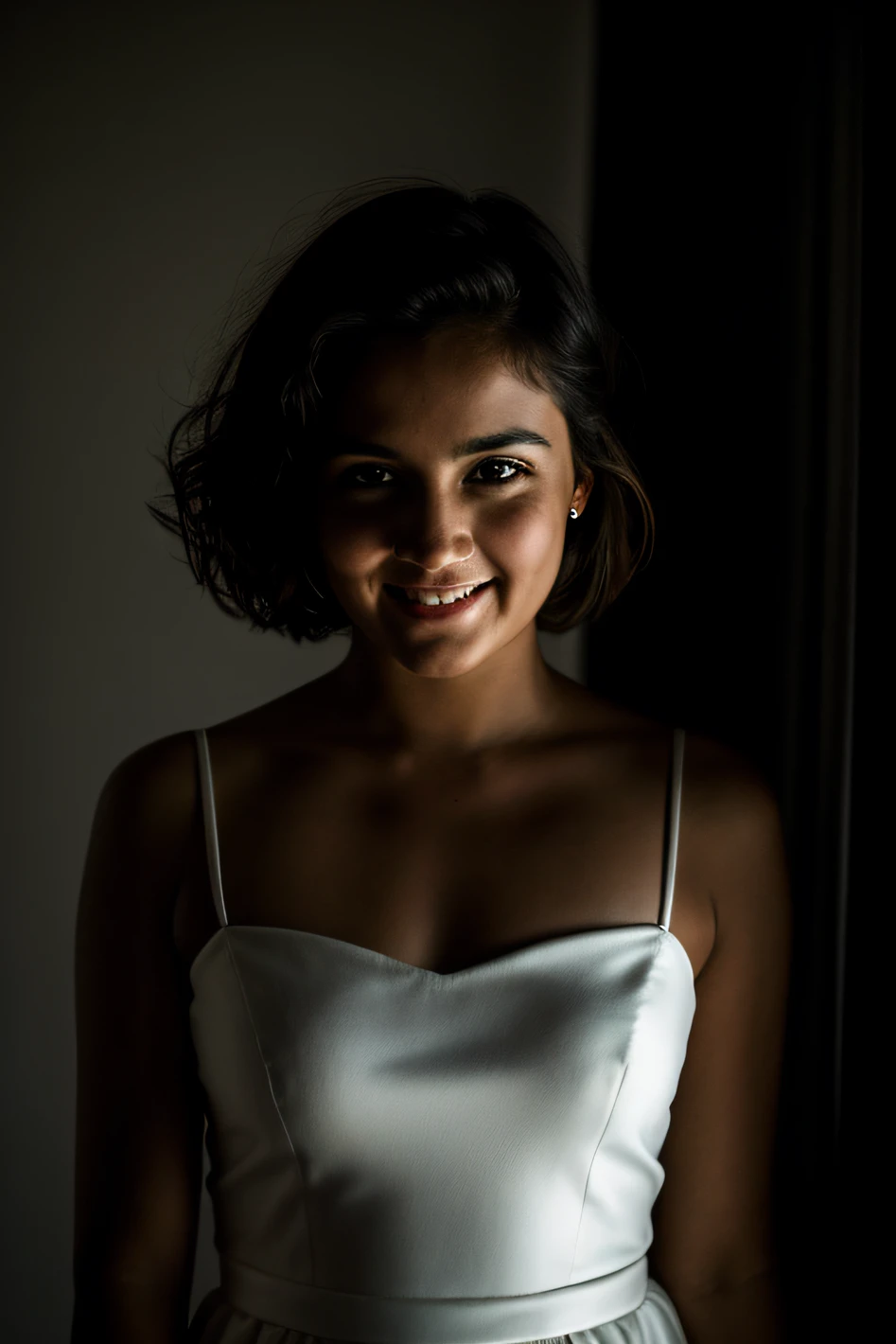 Foto RAW, retrato de cara impactante de mujer joven, vestida de negro, happy expression, sombras intensas, Cinematic shot, dramatic illumination.