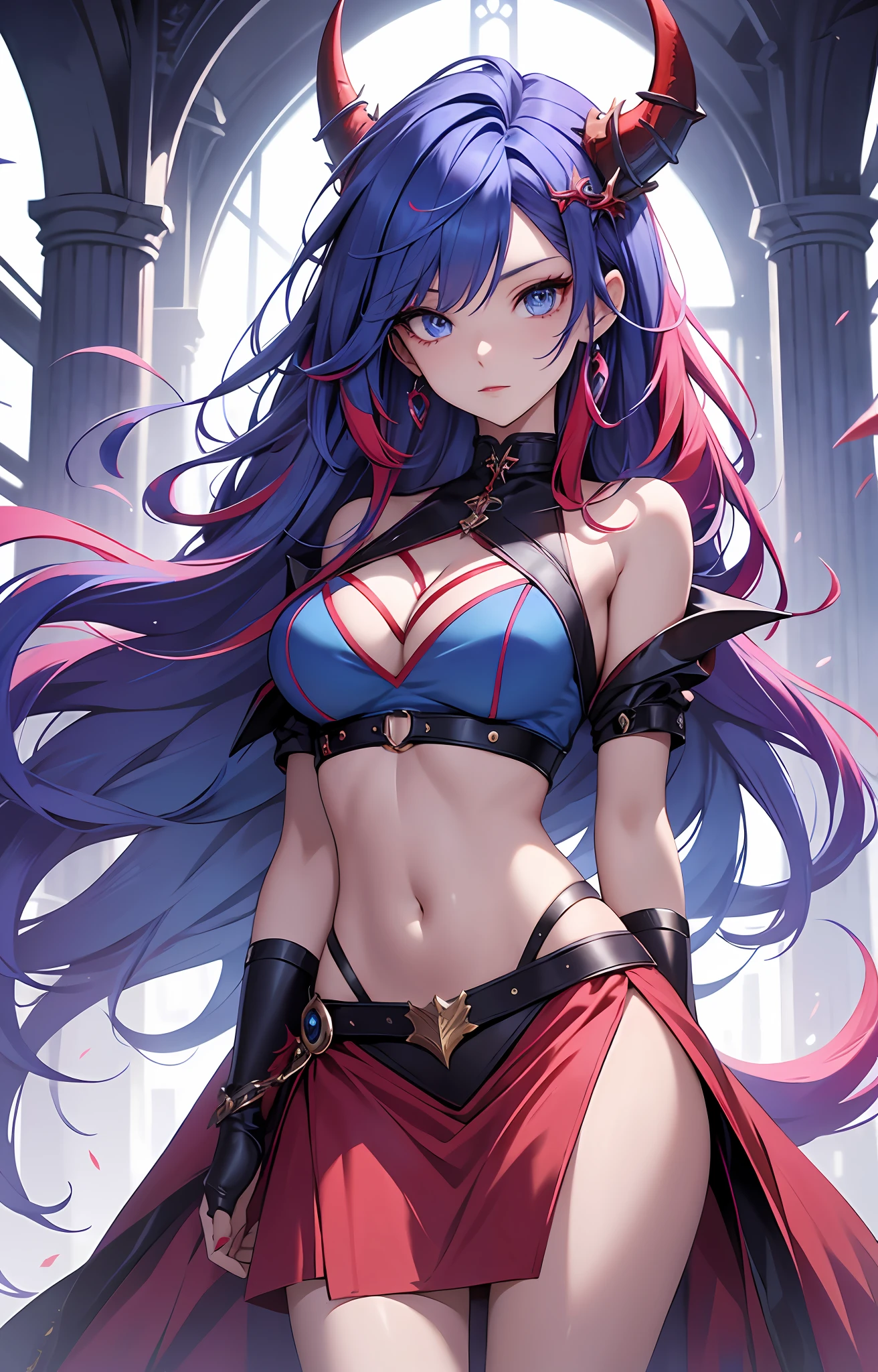 best qualityer,tmasterpiece,Ultimate resolution,downy,Extremely colorful,Colorful,Dragon beauty,Mature face shape,Long red and blue hair,blue color eyes,(Long red and blue hair),Redlip,Long messy hair,A pair of dragon horns,A pair of dragon wings,a matural female,Crop topping,Superskirt,The kinky is exposed,Sanctuary,Skysky,Normal posture