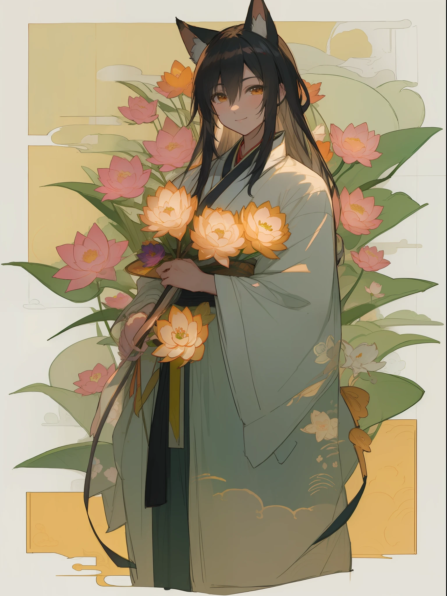 ((4K、masterpiece、top-quality))、(Two men smiling face to face)、Gray-haired man with beautiful fox ears、Armin、Strong man with black hair with wolf ears、Alvin、ink and watercolor painting、Traditional Chinese Ink Painting、lotuses、Hanfu、Maxi Kit、Dress conservatively、Animal ears,、bule、florals、Lots of flowers nearby、shenron、extra detailed face