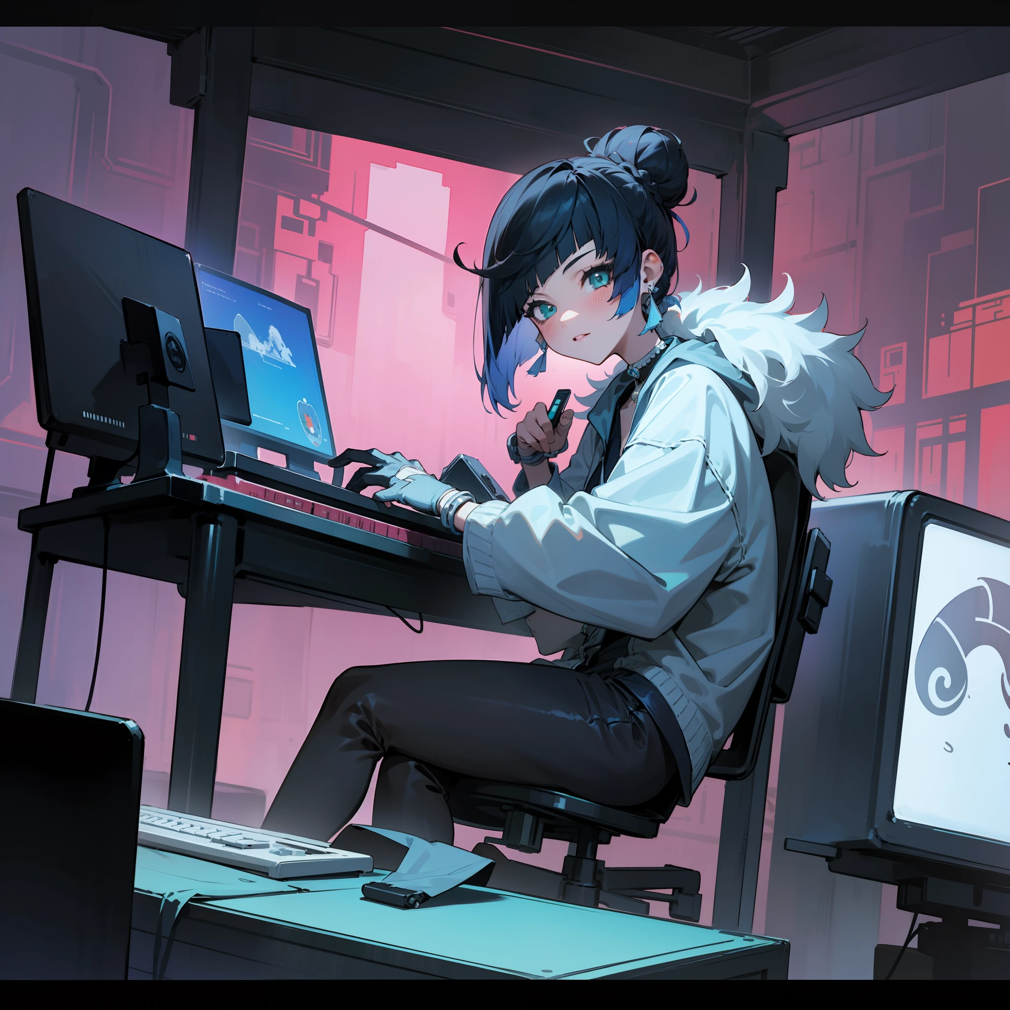 tmasterpiece，best illustration，独奏，1girll，sitted，hair-bun，keyboards\（Computer\），fur-trim，Computer，monitors，hooding，jaket，Hood down，a chair，Earphone，城市，instrument，cyber punk perssonage，A small wooden toy，\（（Complicated details\）\），Color details，Rainbow BREAK，\（\（Masterpiece of best quality\）\），4k，hyper-detailing，Detailed lighting，\（\（inspired by Miyazaki），offcial art，Propaganda art，composition，