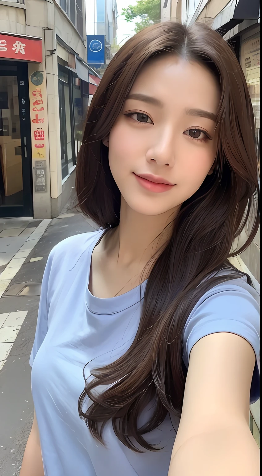 ((top-quality、8K、masterpiece:1.3))、1girl in、A smile、full body Esbian、valley、Slim Faces、Pretty women、(dark brown hair)、Thin shirt:1.2、Short pants:1.1、hyperdetailed face、A detailed eye、二重まぶた、blured background、Slim Faces、城市、takeout、a street、Stay with the dog:1.3、pet、Staring at the dog
