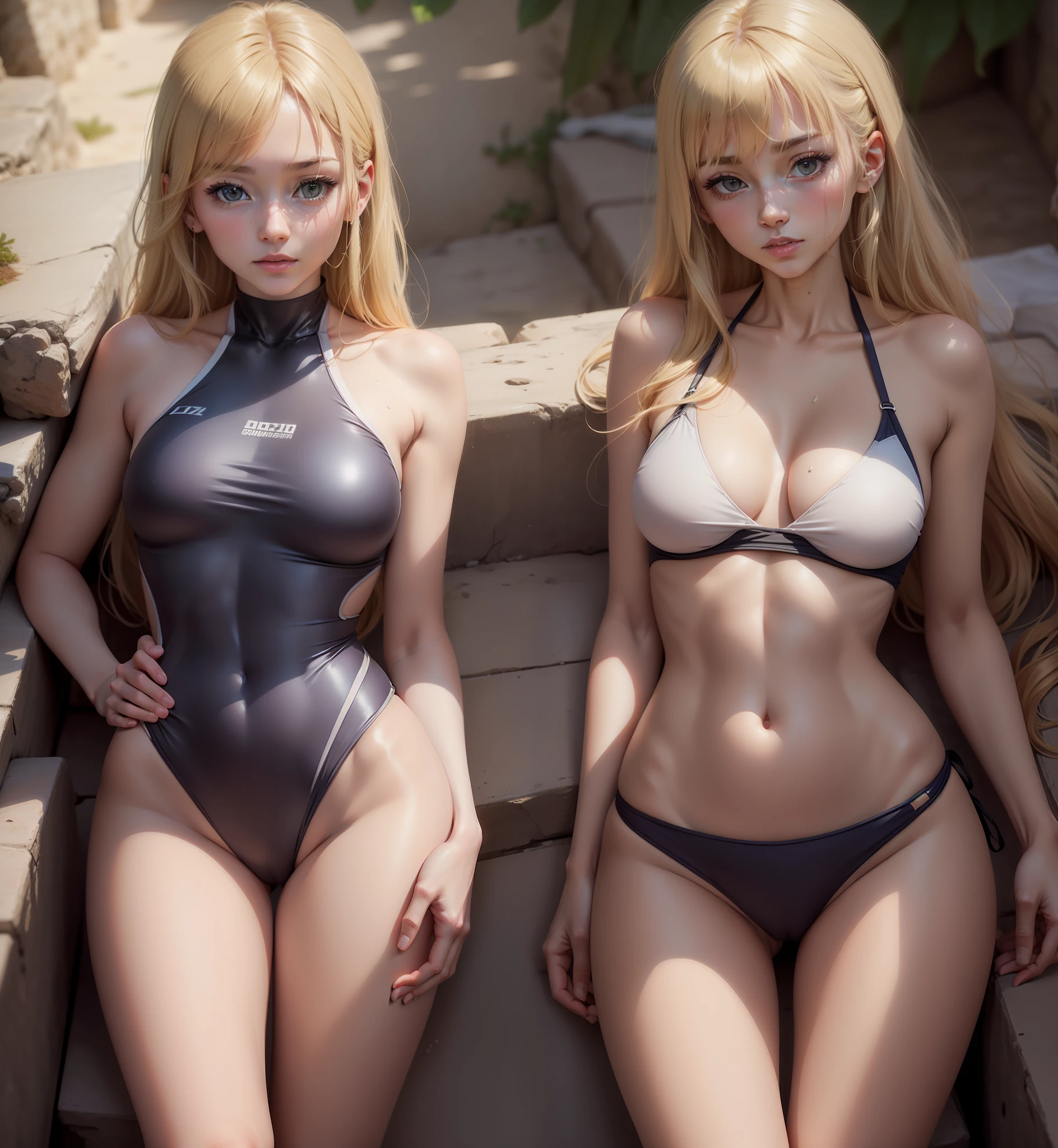masutepiece, Best Quality, 超A high resolution,beautiful lighting、top-quality、Cinematic film stills(Charming bilochka asmr、Standing somewhere on the coast of Italy、Small, tight and thin two-piece swimsuit)、Mass sweat、sexy pose、2guys