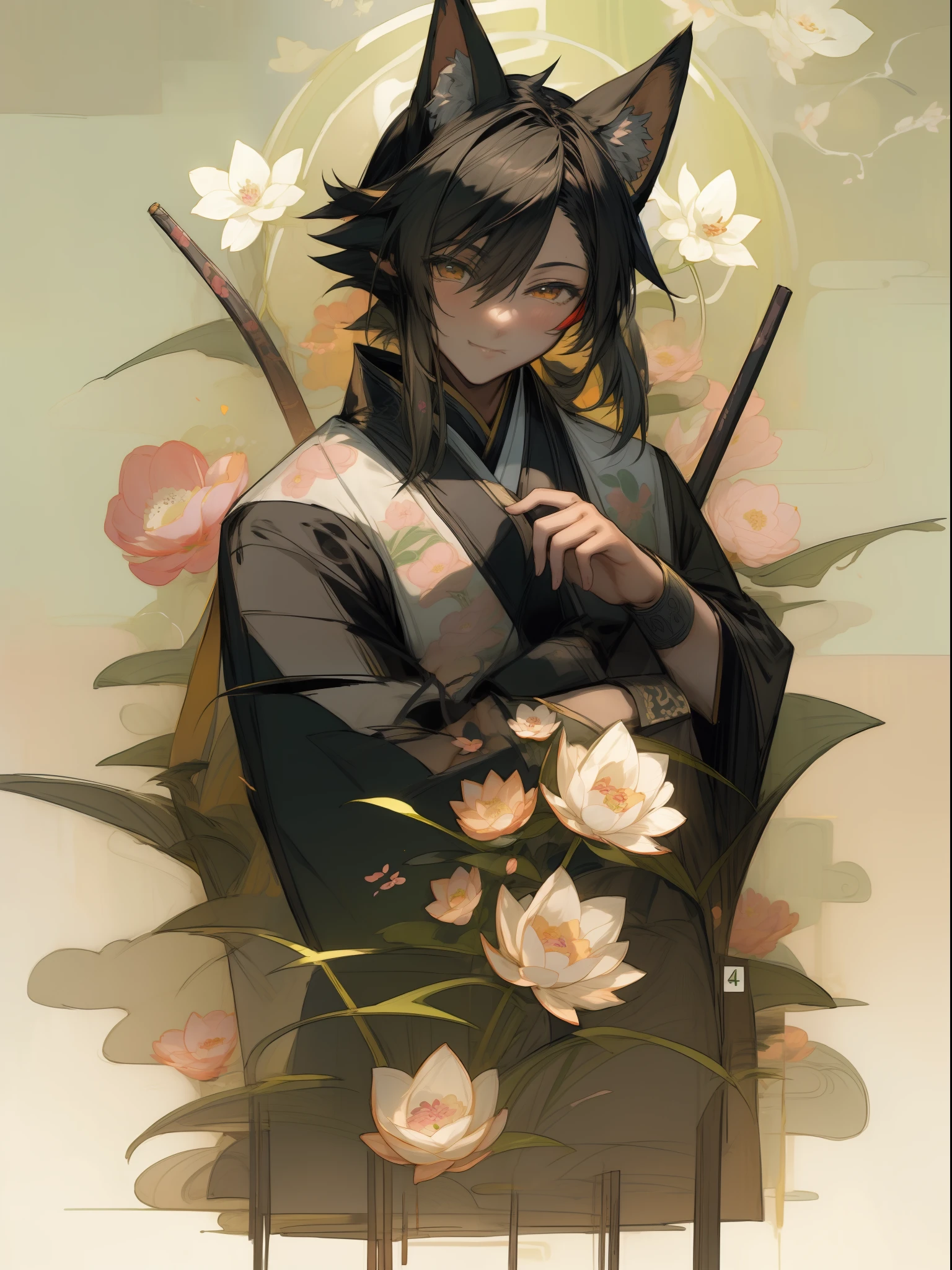((4K、masterpiece、top-quality))、(Two men smiling face to face)、Gray-haired man with beautiful fox ears、Armin、Strong man with black hair with wolf ears、Alvin、ink and watercolor painting、Traditional Chinese Ink Painting、lotuses、Hanfu、Maxi Kit、Dress conservatively、Animal ears,、bule、florals、Lots of flowers nearby、shenron、extra detailed face