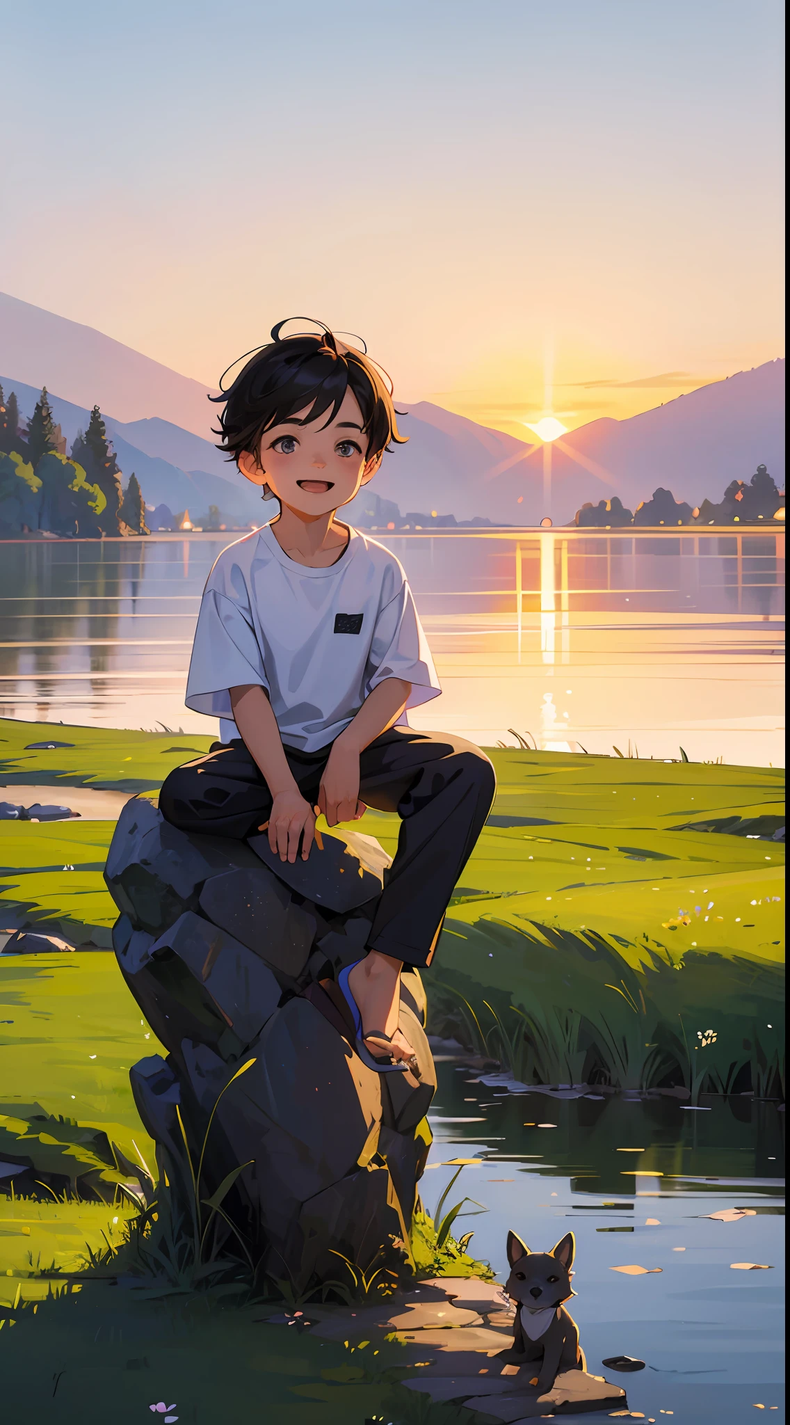 A happy little boy，Dressed in casual attire，Wear slippers，Sit on the rocks of the meadow，The background is the village，There is a cute little dog next to it，Sunset and sunset，Face the camera，Full body photo，Ultra-high definition