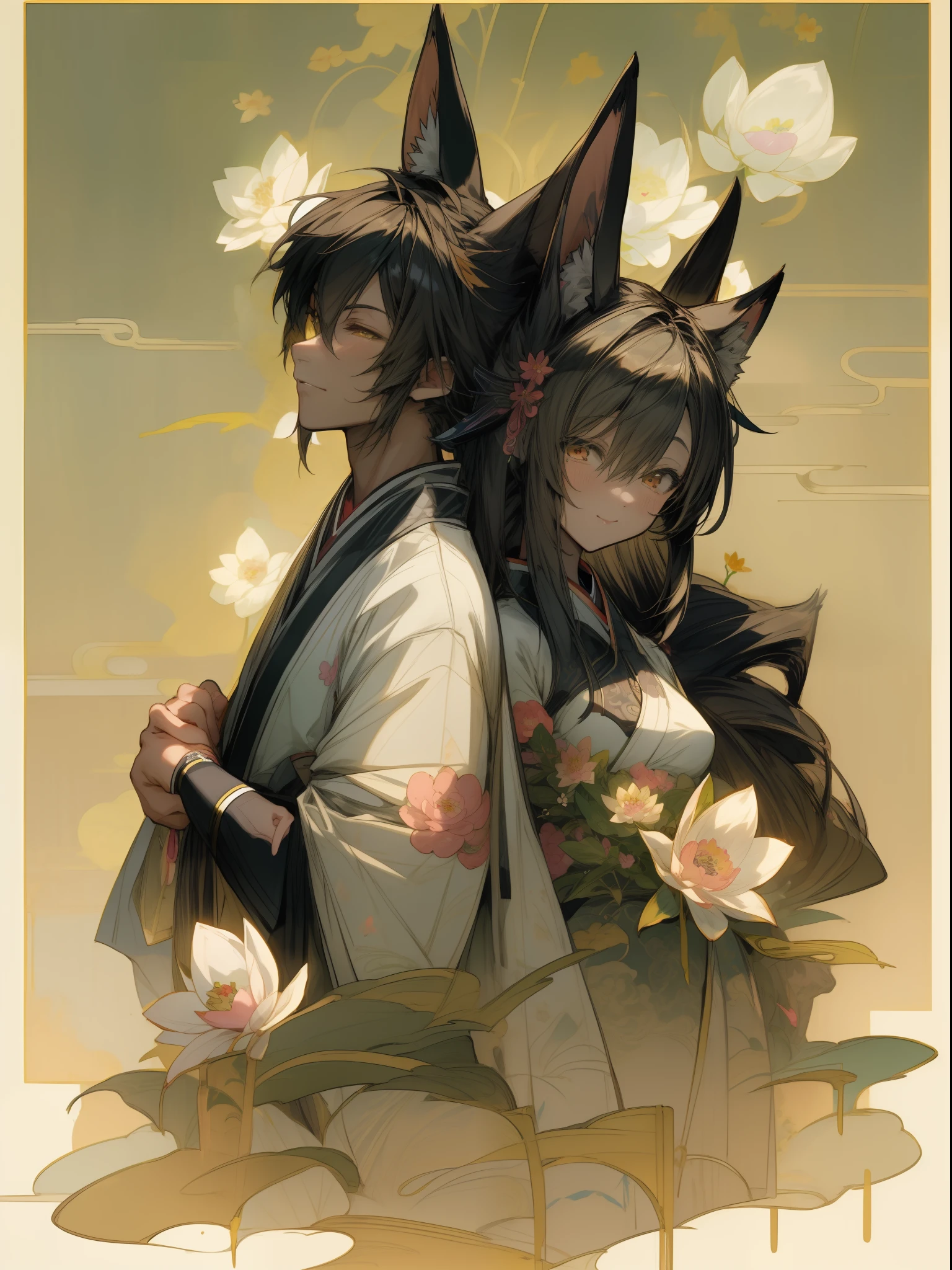 ((4K、masterpiece、top-quality))、(Two men smiling face to face)、Gray-haired man with beautiful fox ears、Armin、Strong man with black hair with wolf ears、Alvin、ink and watercolor painting、Traditional Chinese Ink Painting、lotuses、Hanfu、Maxi Kit、Dress conservatively、Animal ears,、bule、florals、Lots of flowers nearby、shenron、extra detailed face