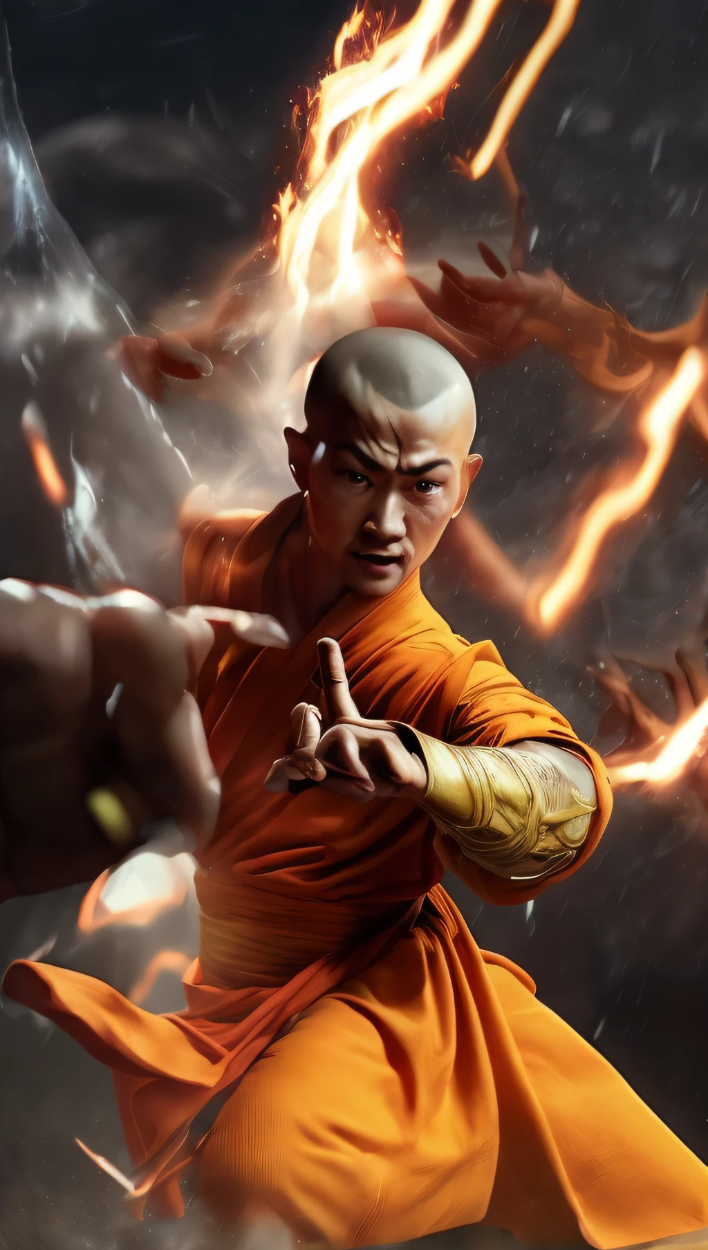. Shaolin monk hyper - detailed, make a super power fist and destroys the world, cinematic 8k