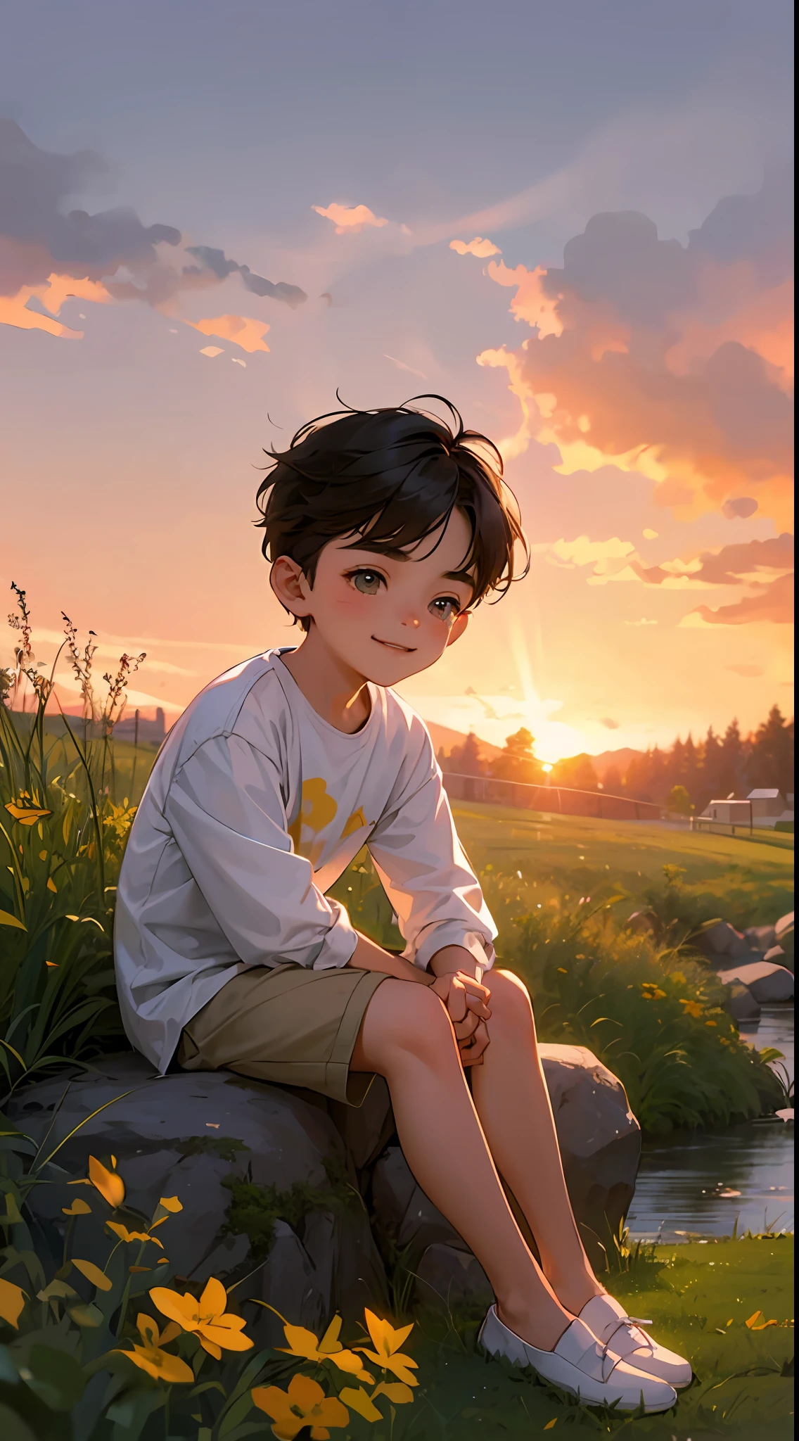 A happy ,Dressed in casual attire,Wear slippers,Sit on the rocks of the meadow,The background is the village,There is a cute little dog next to it,Sunset and sunset,Face the camera,Full body photo,Ultra-high definition