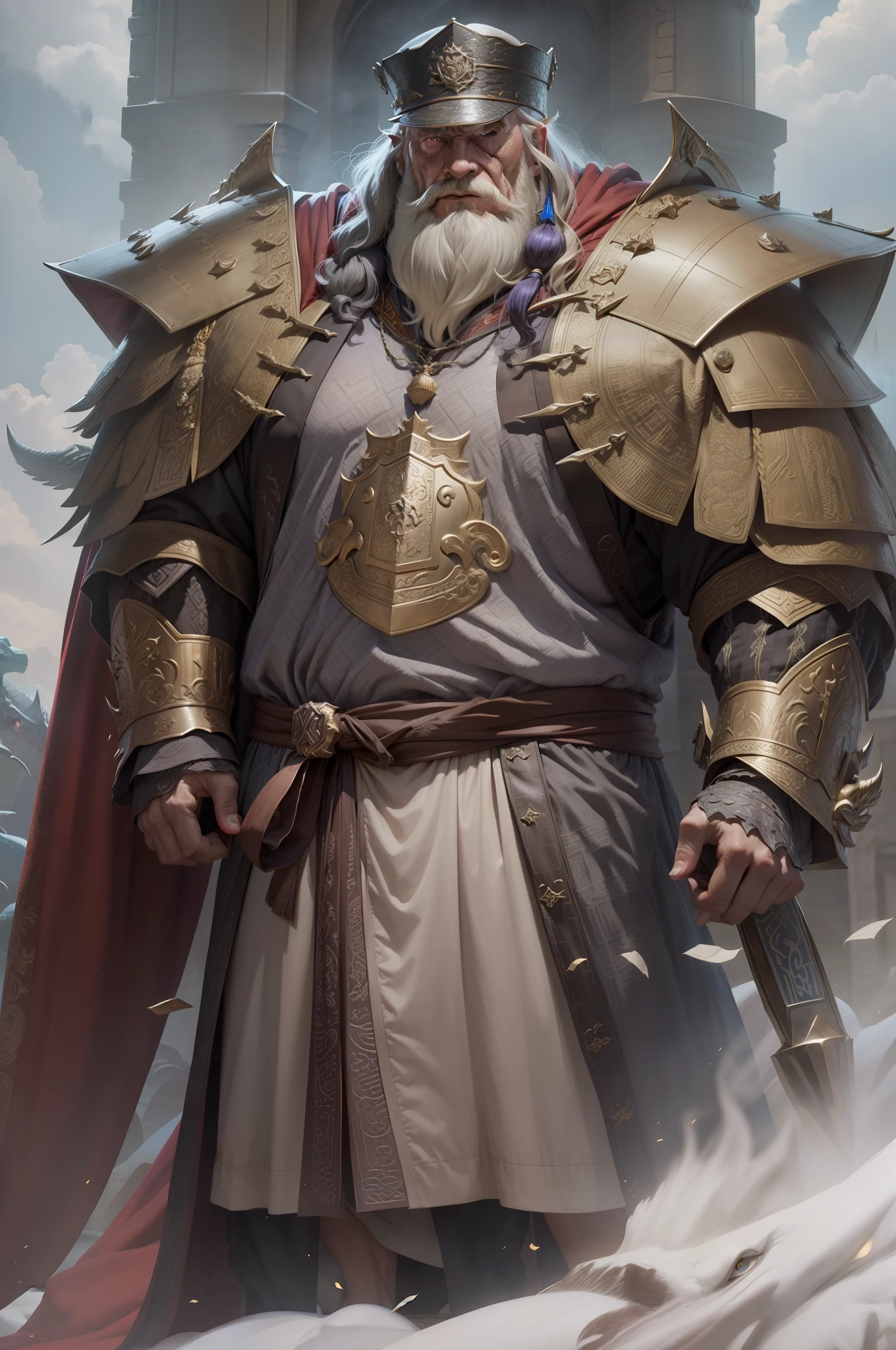 Man，dumbledore，a old man，Big chest，wearing an outfit,He wears Chinese dragon armor，Wearing a crocodile head hat,muscle men， Man ，Realiy，3D