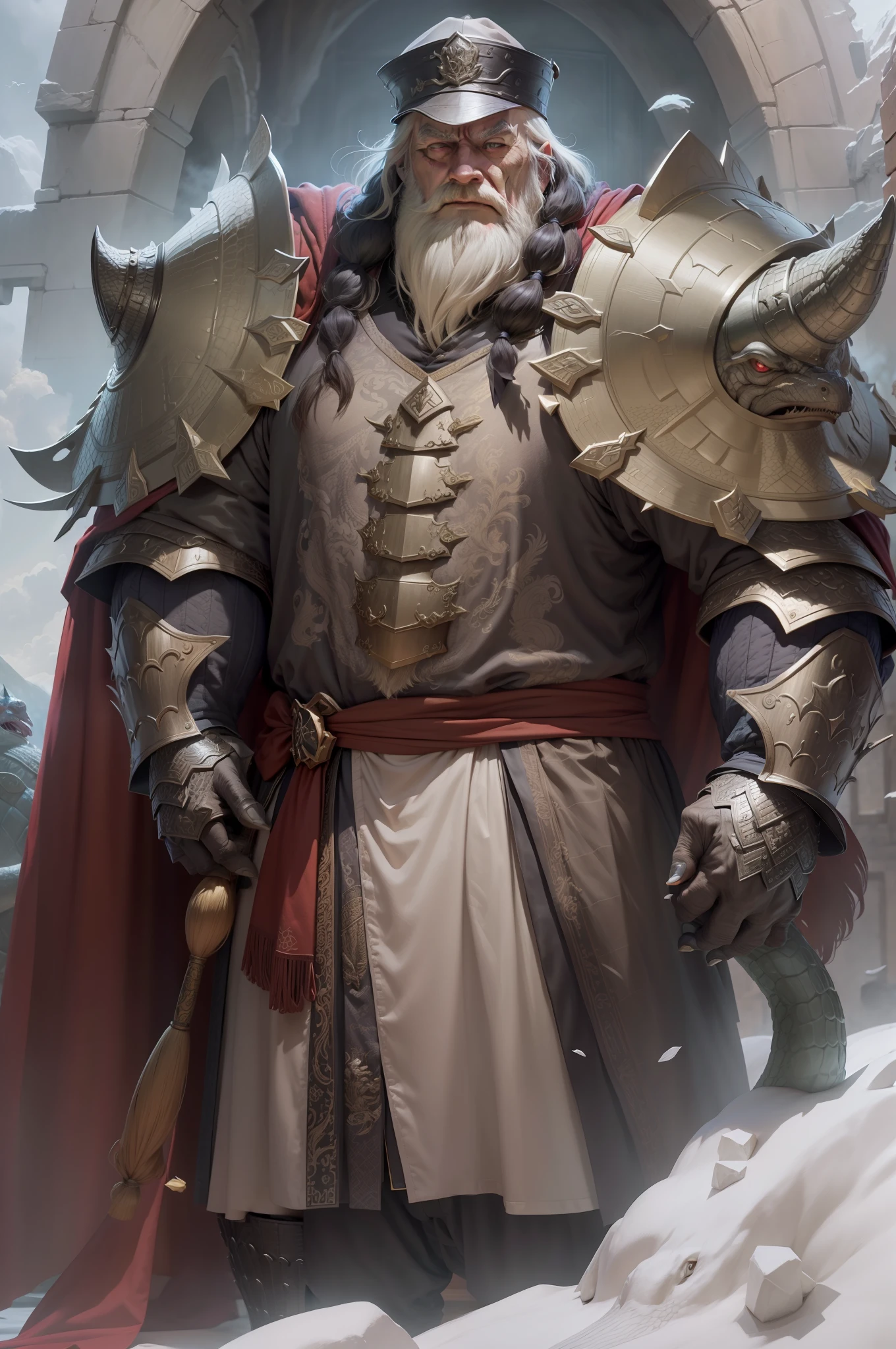 Man，dumbledore，a old man，Big chest，wearing an outfit,He wears Chinese dragon armor，Wearing a crocodile head hat,muscle men， Man ，Realiy，3D