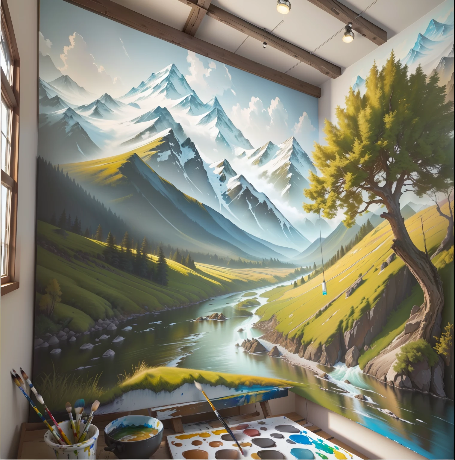 Painting of river and mountain view in the room, hyperrealistic landscape, 3 d virtual landscape painting, Detailed scenery —width 672, ultradetailed mural, Detailed painting 4 K, 8 K HD detailed oil painting, 4 k oil painting, Oil painting in 3d, photorealistic landscapes, landscape artwork, high detail painting, 4k pintura, incredible painting