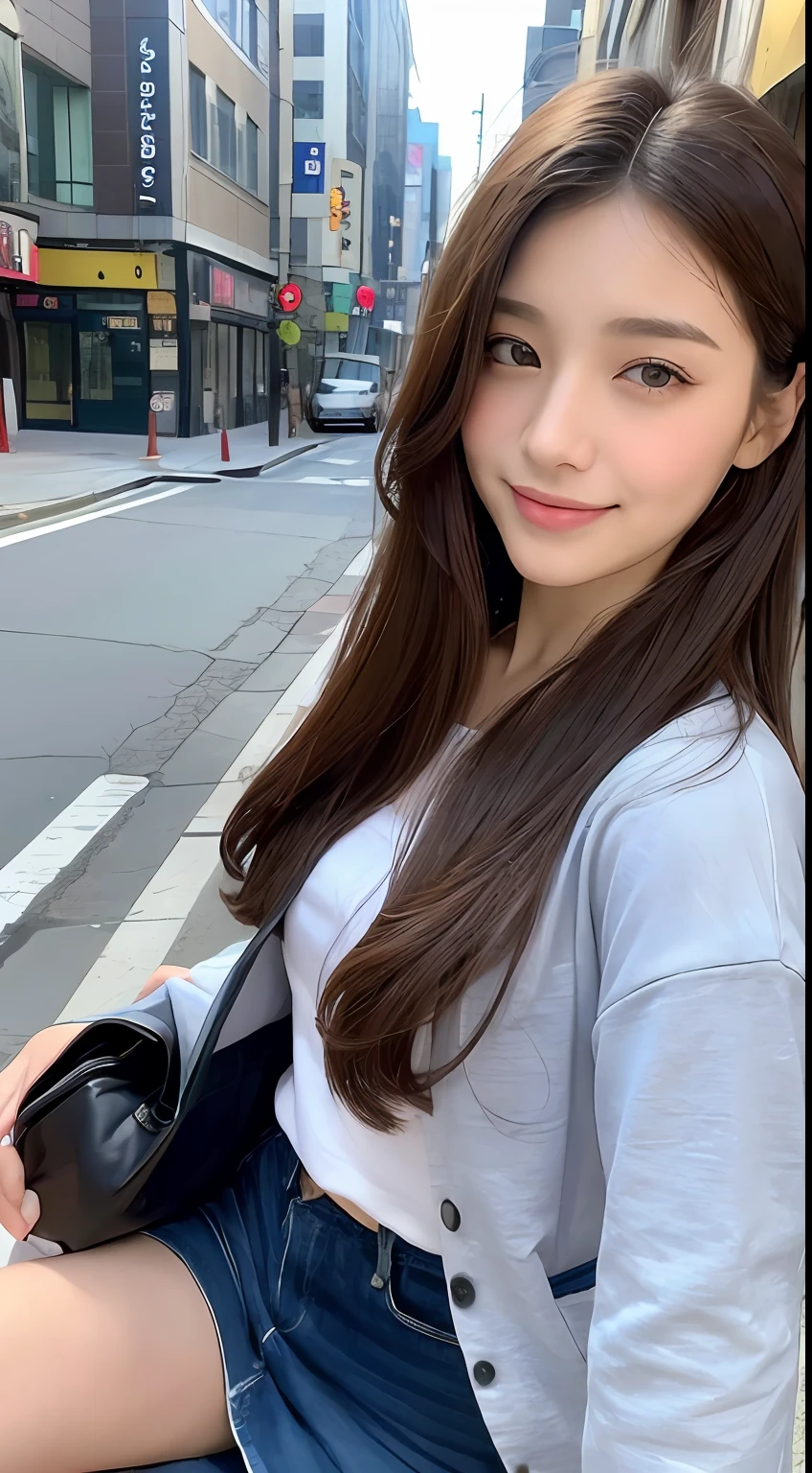 ((top-quality、8K、masterpiece:1.3))、1girl in、A smile、full body Esbian、Slim Faces、Pretty women、Short Bob、(dark brown hair)、Thin shirt、Short pants:1.1、hyperdetailed face、A detailed eye、二重まぶた、blured background、Slim Faces、城市、takeout、a street、Stay with the dog:1.3、pet、Staring at the dog