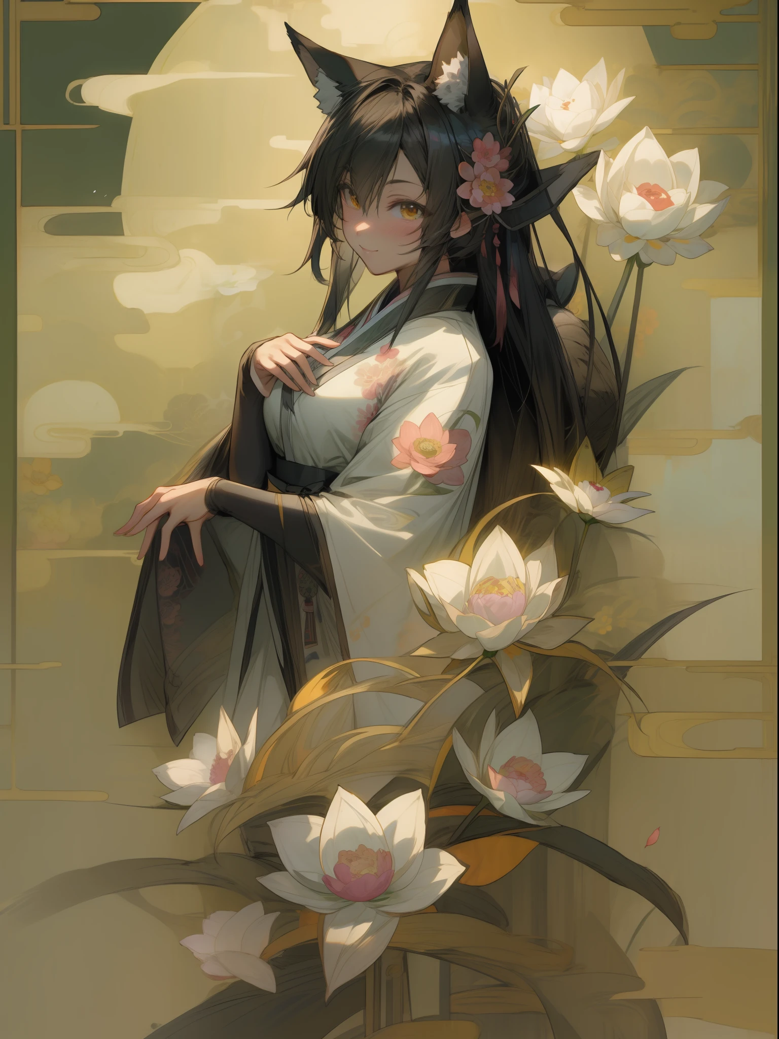 ((4K、masterpiece、top-quality))、(Two men smiling face to face)、Gray-haired man with beautiful fox ears、Armin、Strong man with black hair with wolf ears、Alvin、ink and watercolor painting、Traditional Chinese Ink Painting、lotuses、Hanfu、Maxi Kit、Dress conservatively、Animal ears,、bule、florals、Lots of flowers nearby、shenron、extra detailed face