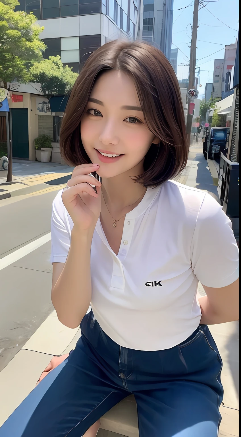 ((top-quality、8K、masterpiece:1.3))、1girl in、A smile、full body Esbian、Slim Faces、Pretty women、Short Bob、(dark brown hair)、Thin shirt、Short pants:1.1、hyperdetailed face、A detailed eye、二重まぶた、blured background、Slim Faces、城市、takeout、a street、Stay with the dog:1.3、pet、Staring at the dog