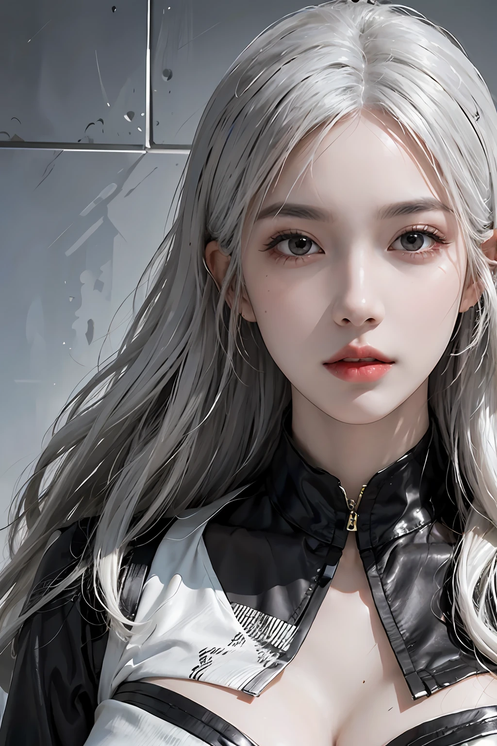 photorealistic, high resolution, 1women, solo, hips up, look at viewer, (detailed face), white hair, black suit, tattoo, jewelry