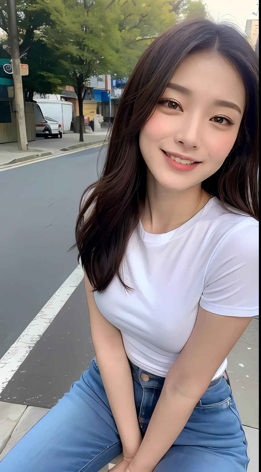 ((top-quality、8K、masterpiece:1.3))、1girl in、A smile、full body Esbian、Slim Faces、Pretty women、g-cup、a short bob、(dark brown hair)、Thin shirt、Short pants:1.1、hyperdetailed face、A detailed eye、二重まぶた、blured background、Slim Faces、城市、takeout、a street、Stay with the dog:1.3、pet、Staring at the dog