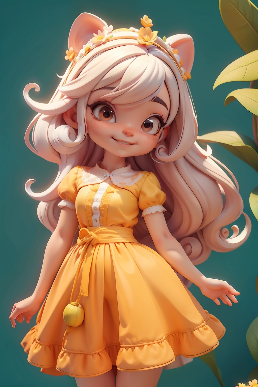 Avatar menina loira, tons laranja e cinza, sorriso meigo e delicado, asas brilhante, vestida com uma jardineira, corpo inteiro,pele clara e olhos delicados e definidos,cartoon 3D com blusa delicada,, casaco peludinha, cabelos multicolor, fundo simples e branco