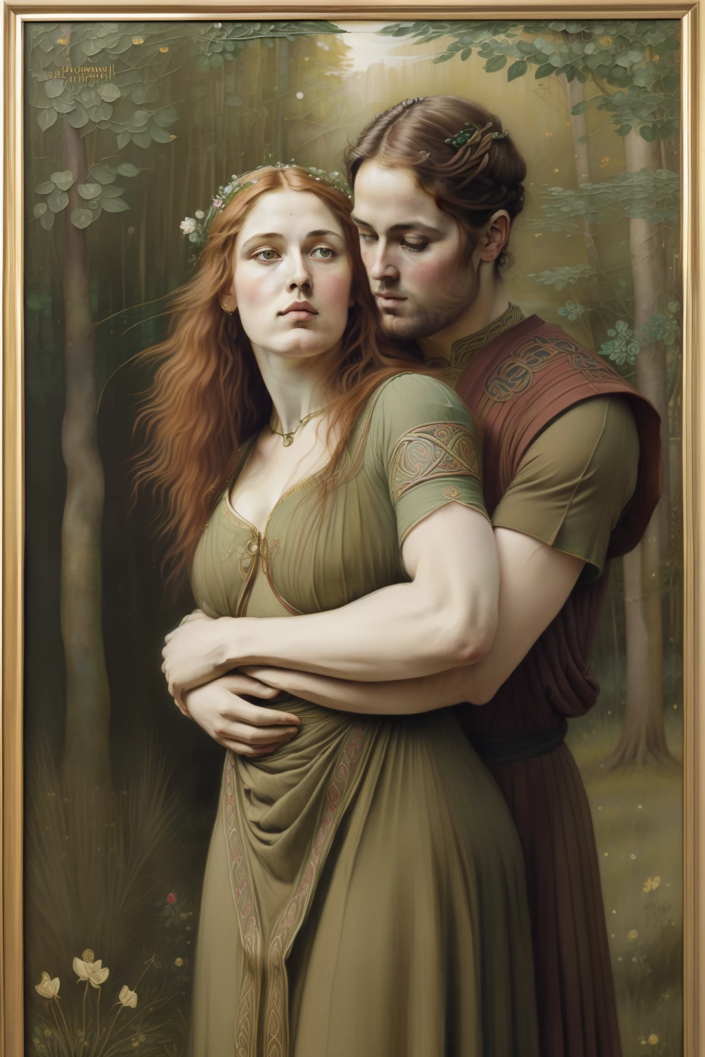 (((Pre-Raphaelite Celtic painting of an elbow bent over the chest in a hug, Floresta encantada, madressilva, noite)))