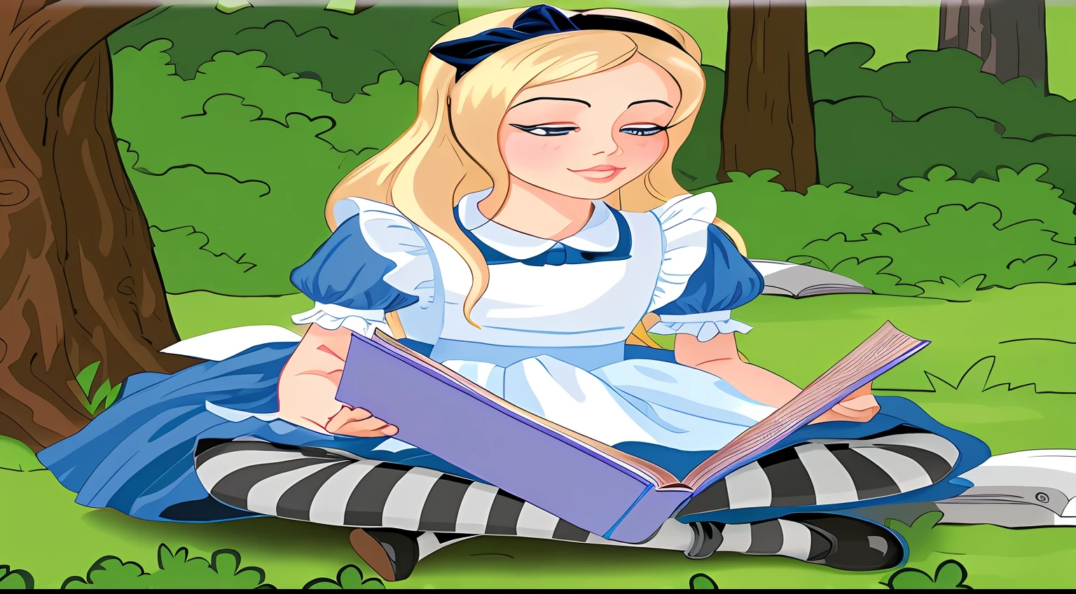 there is a cartoon picture of a woman reading a book, alice from alice in wonder land, portrait of alice in wonderland, alice in wonderland style, alice goes down the rabbit hole, alice in the wonderland, alice attends mad tea party, giant alice in wonderland, like alice in wonderland, inspired by Alice Prin, the theme of alice in wonderland, alice in wonderland