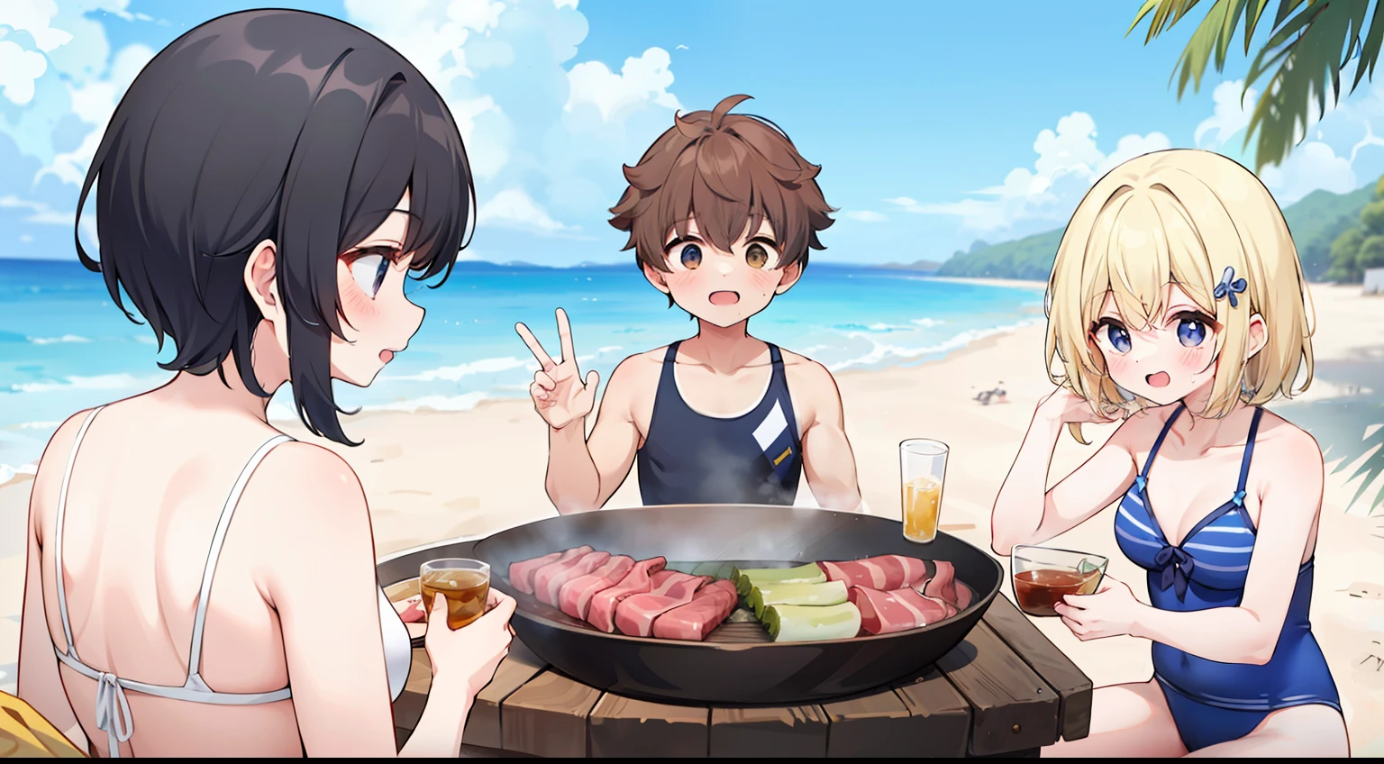 Three Girls、One Boy、Swimsuit、Yakiniku party on the beach