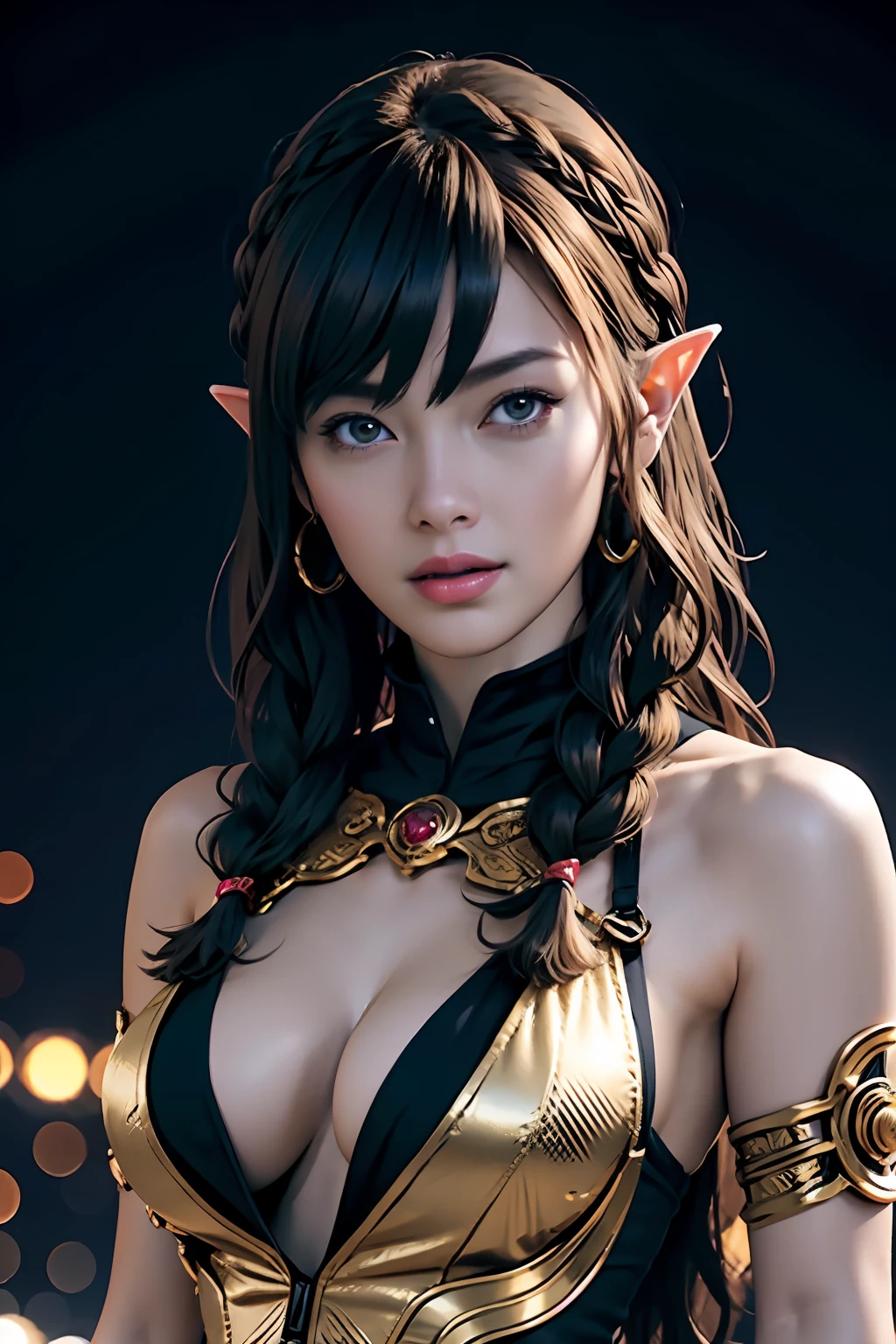 Ultra-detailed complex 3D rendering of face, (Colossal: 8.8), (masterpiece, top quality, octane rendering, 8K), glamour shot full body image, very beautiful young elf, cleavage, (very detailed skin: 1.2), (exposure: 1.1), brown-haired, ((wearing a plummeted open shirt of white silk: 1.10)), beautiful Caucasian woman with black skin with full soft breasts with big buttocks, Single, long braided hair, big breasts, dynamic angle, mystical expression, ultra-realistic photo, (((portrait)))), bare feet, futuristic urban background, facial muscles, detailed and beautiful queen gold crown, in the style of Marvel Comics, ArtStation trends, clear focus, studio photography, intricate details, very detailed, detailed red eyes, very detailed, Sharp Focus, Digital Rendering, Professional, Abs, Dark Grey Background,