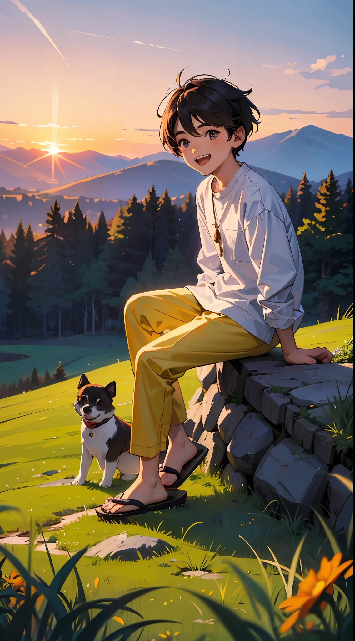 A happy little boy，Dressed in casual attire，Wear slippers，Sit on the rocks of the meadow，The background is the village，There is a cute little dog next to it，Sunset and sunset，Face the camera，Full body photo，Ultra-high definition