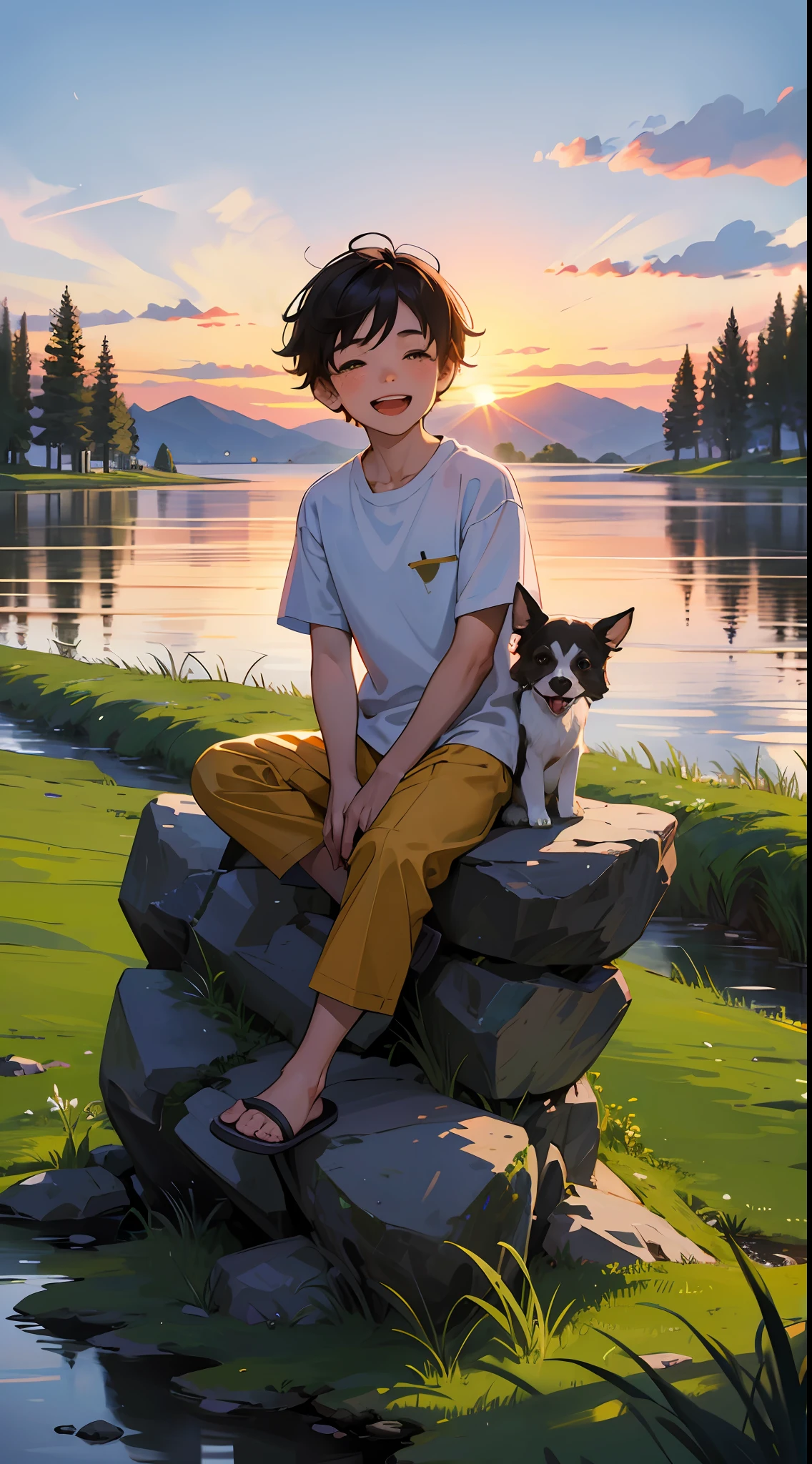 A happy little boy，Dressed in casual attire，Wear slippers，Sit on the rocks of the meadow，The background is the village，There is a cute little dog next to it，Sunset and sunset，Face the camera，Full body photo，Ultra-high definition