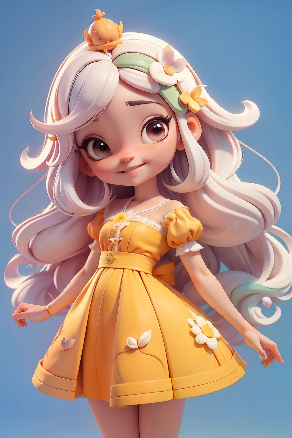 Avatar menina fada loira, tons laranja e cinza, sorriso meigo e delicado, asas brilhante, vestida com uma jardineira, corpo inteiro,pele clara e olhos delicados e definidos,cartoon 3D com blusa delicada,, casaco peludinha, cabelos multicolor, fundo simples e branco