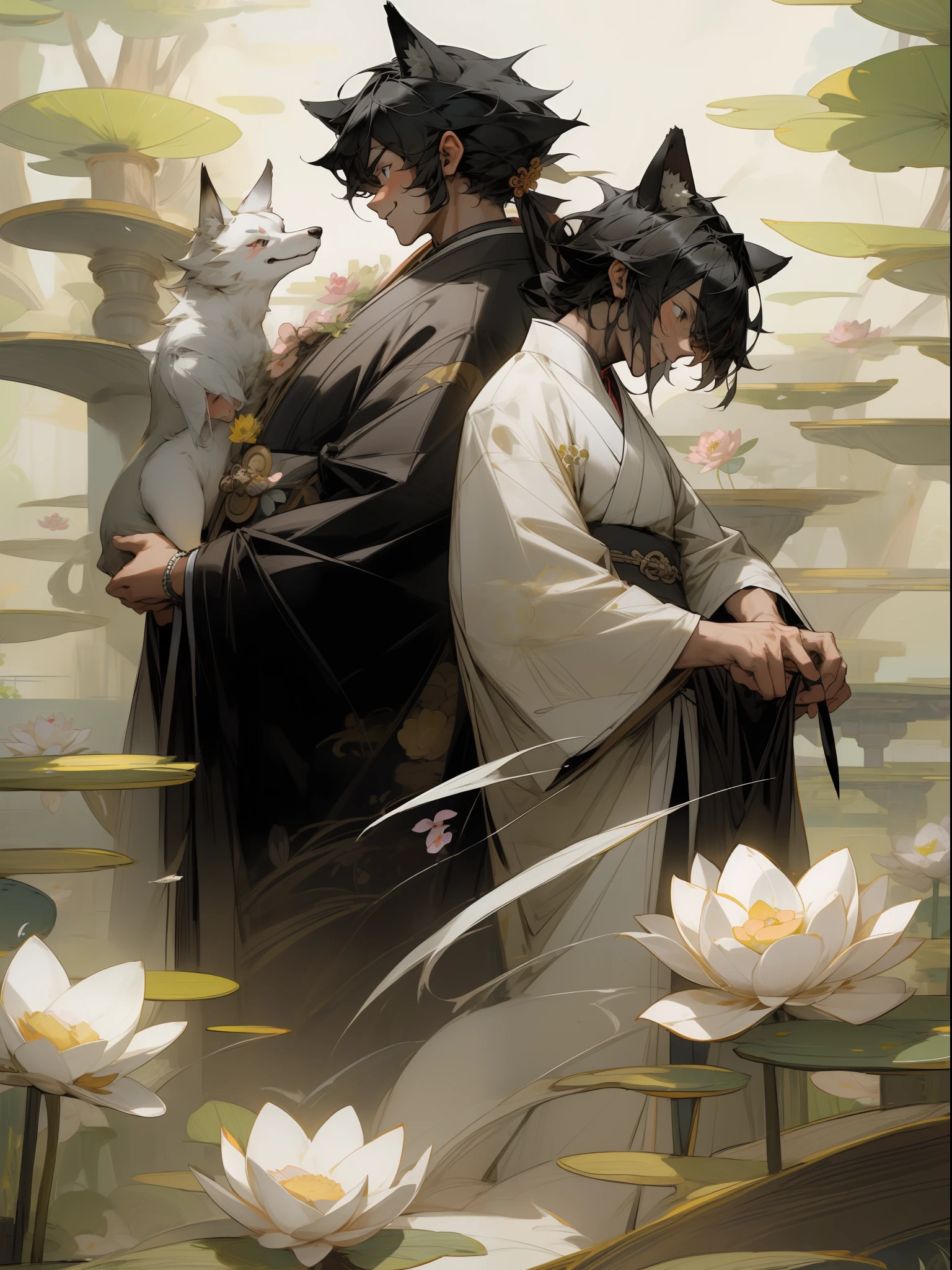 ((4K、masterpiece、top-quality))、(Two men smiling face to face)、Gray-haired man with beautiful fox ears、Armin、Strong man with black hair with wolf ears、Alvin、ink and watercolor painting、Traditional Chinese Ink Painting、lotuses、Hanfu、Maxi Kit、Dress conservatively、Animal ears,、bule、florals、Lots of flowers nearby、shenron、extra detailed face